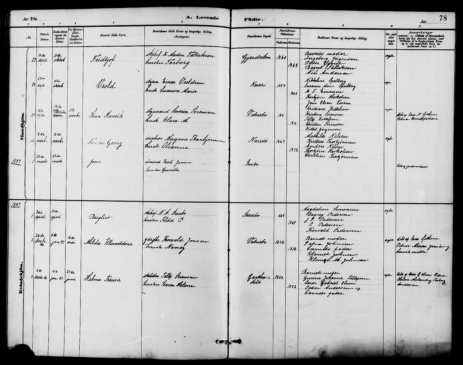 Dypvåg sokneprestkontor, AV/SAK-1111-0007/F/Fb/Fbb/L0004: Parish register (copy) no. B 4, 1887-1905, p. 78