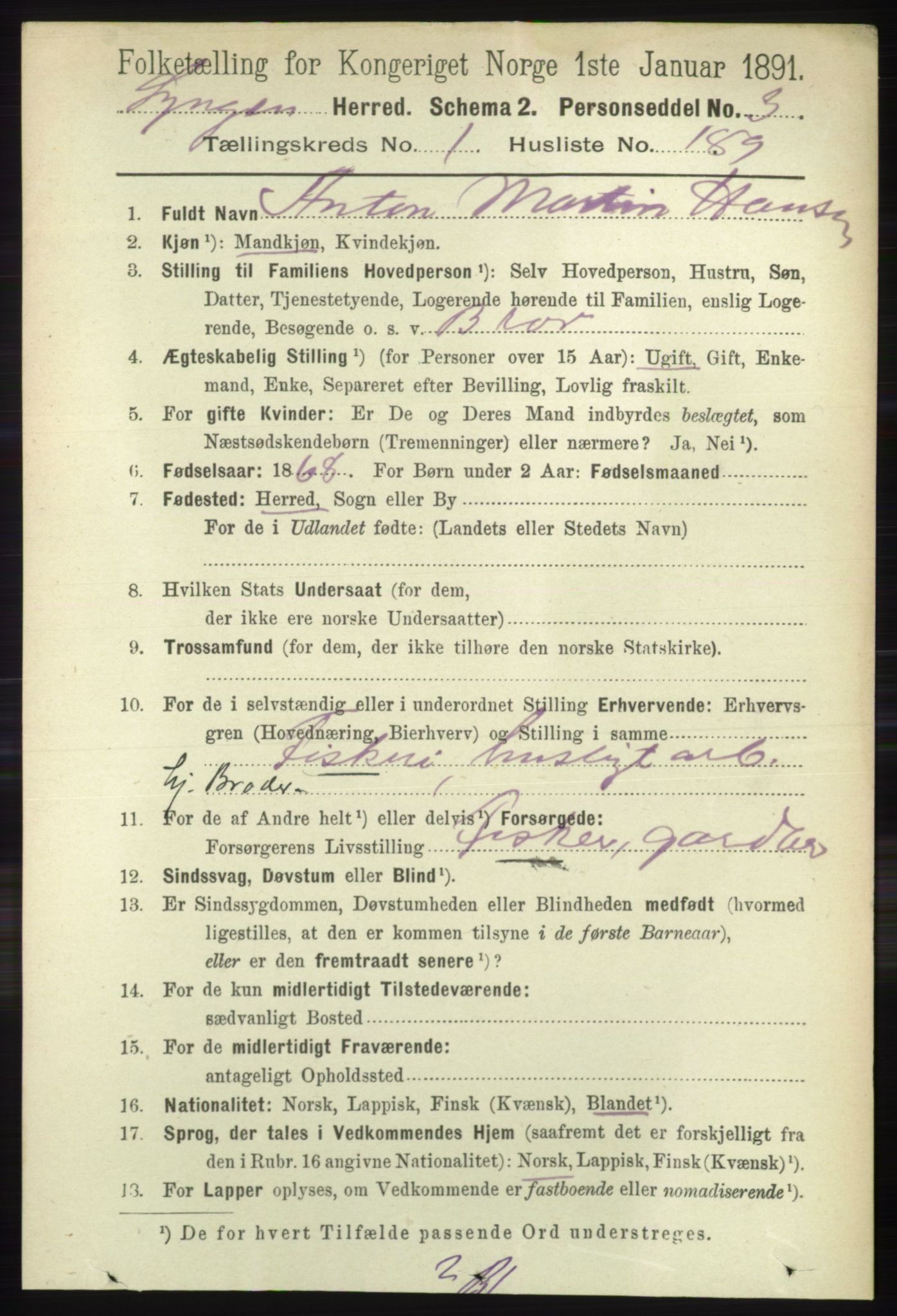 RA, 1891 census for 1938 Lyngen, 1891, p. 1519