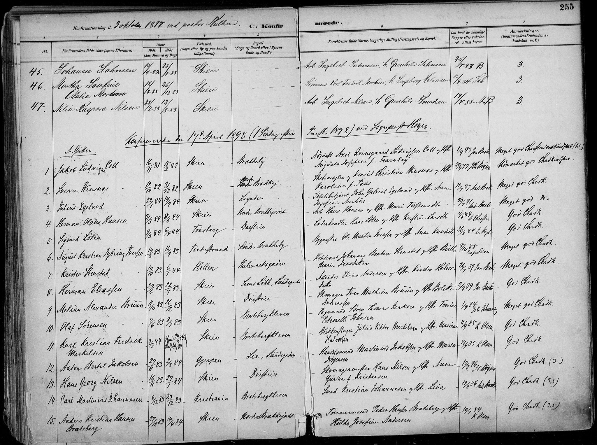 Skien kirkebøker, SAKO/A-302/F/Fa/L0010: Parish register (official) no. 10, 1891-1899, p. 255