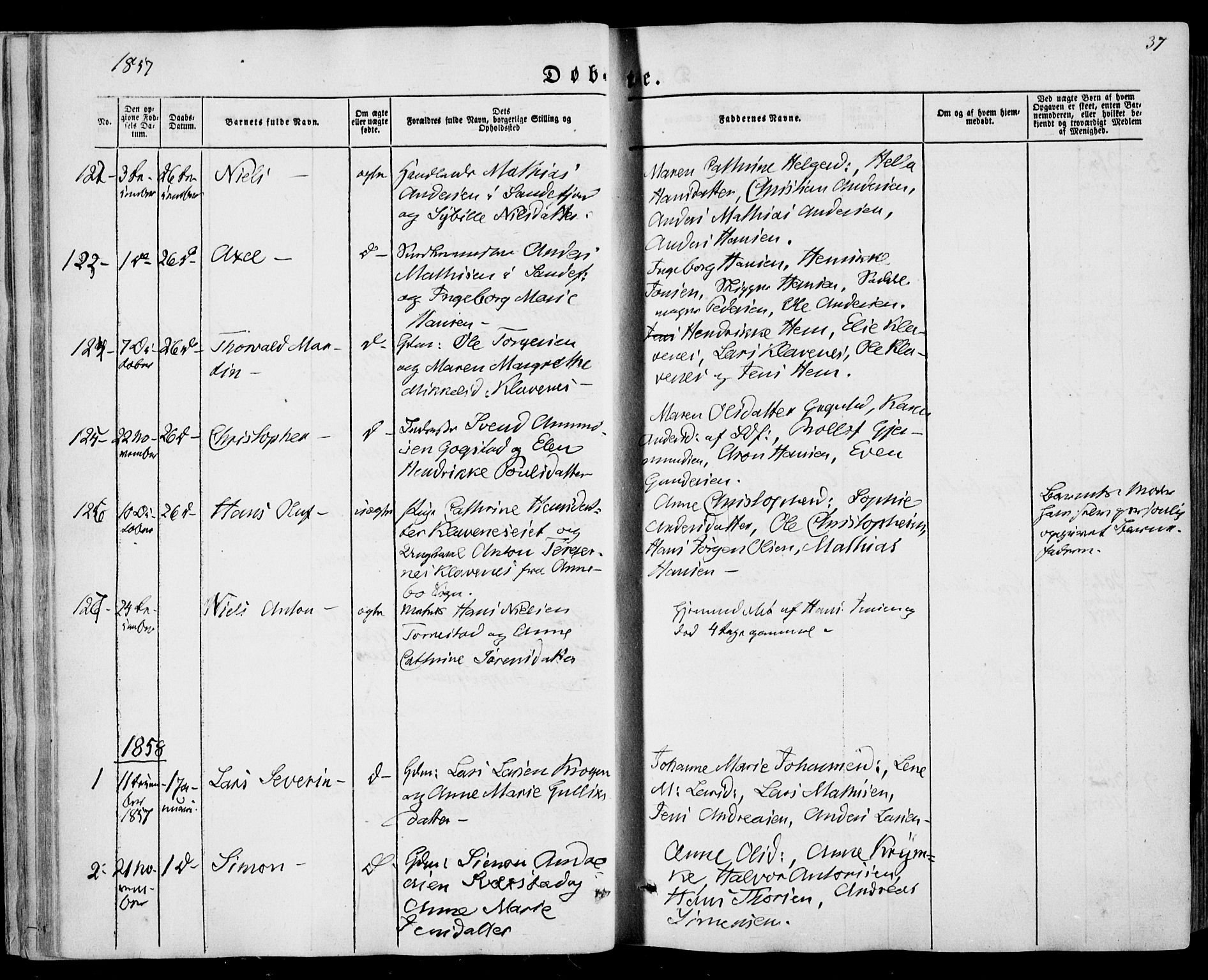 Sandar kirkebøker, SAKO/A-243/F/Fa/L0007: Parish register (official) no. 7, 1855-1861, p. 37