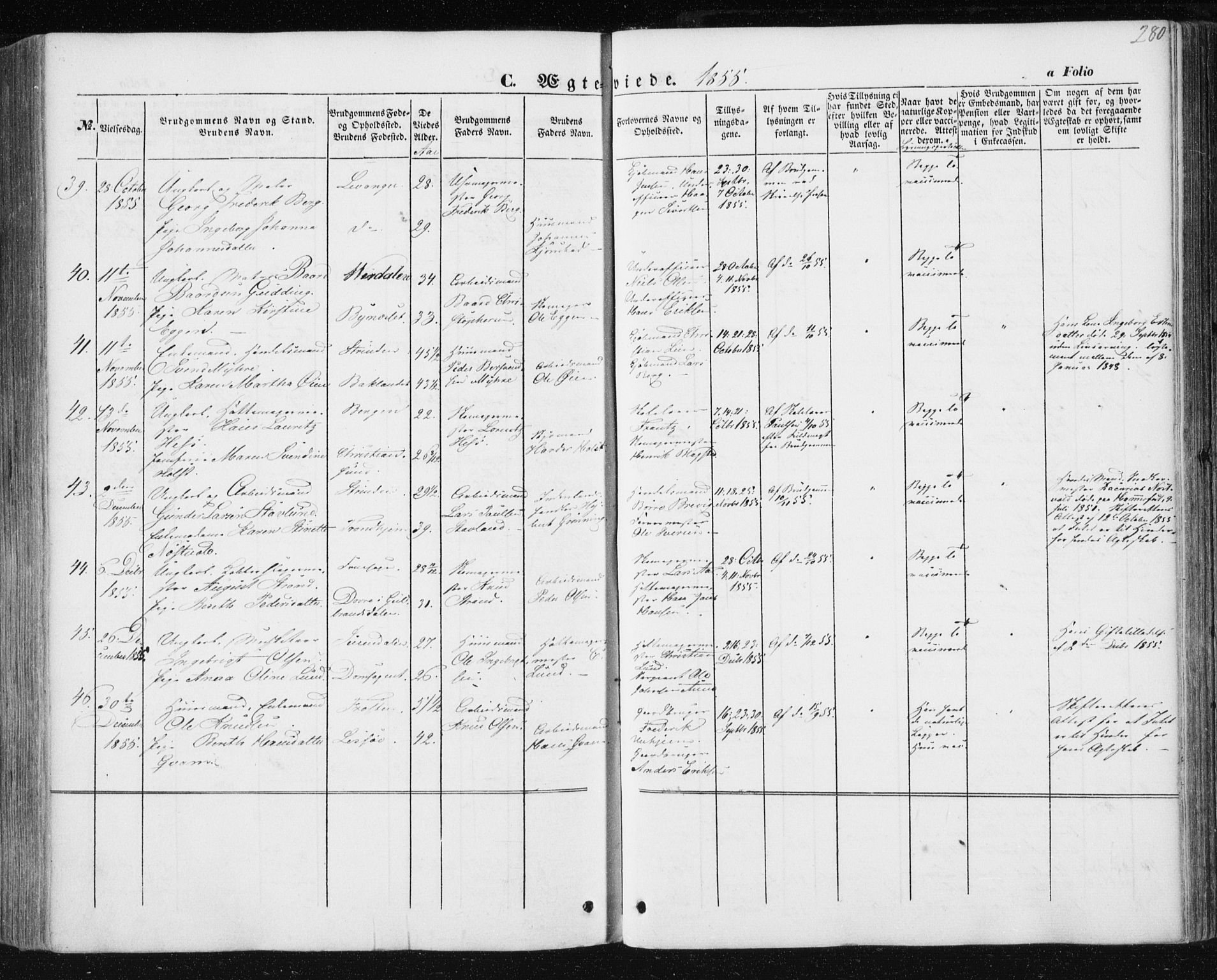 Ministerialprotokoller, klokkerbøker og fødselsregistre - Sør-Trøndelag, SAT/A-1456/602/L0112: Parish register (official) no. 602A10, 1848-1859, p. 280