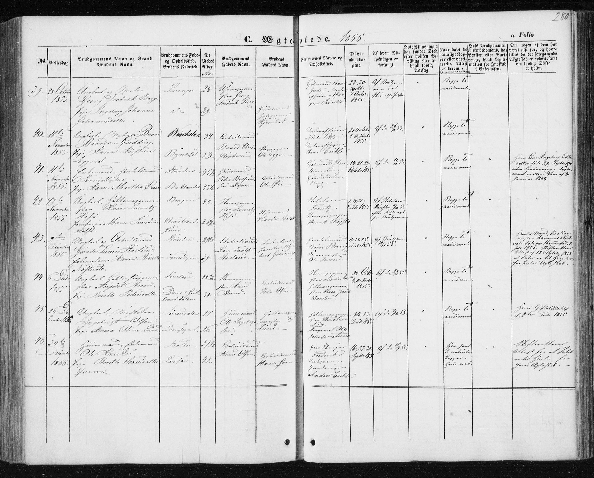 Ministerialprotokoller, klokkerbøker og fødselsregistre - Sør-Trøndelag, AV/SAT-A-1456/602/L0112: Parish register (official) no. 602A10, 1848-1859, p. 280