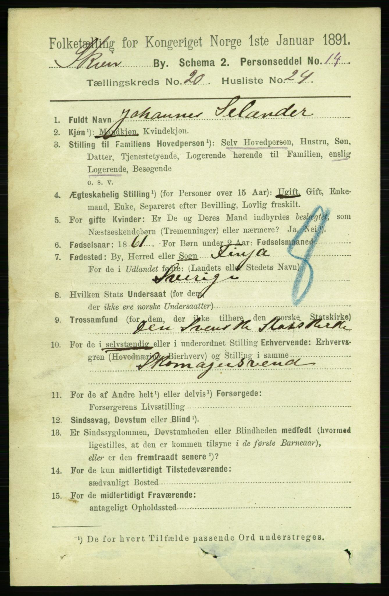 RA, 1891 census for 0806 Skien, 1891, p. 5401