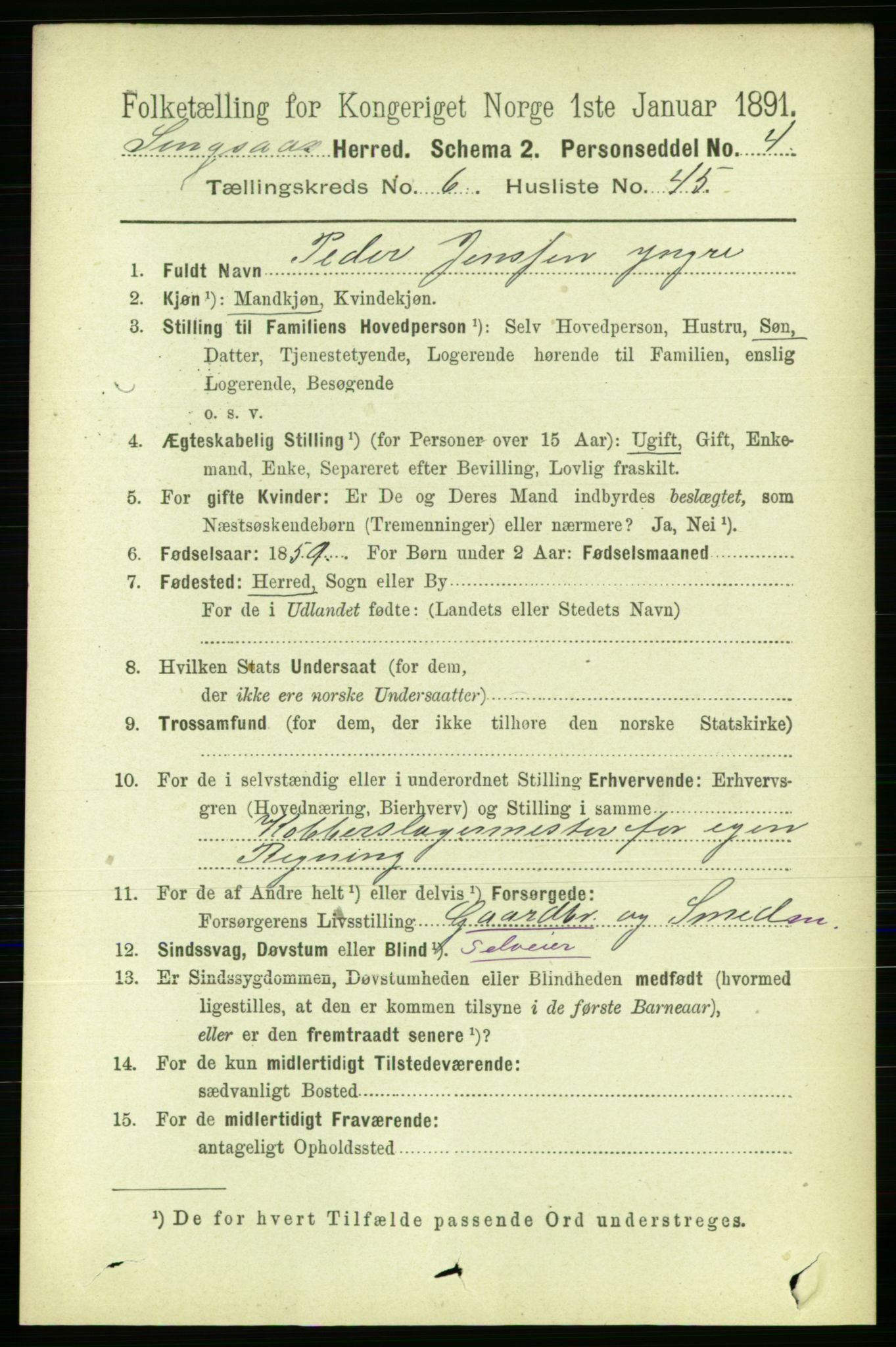 RA, 1891 census for 1646 Singsås, 1891, p. 1555