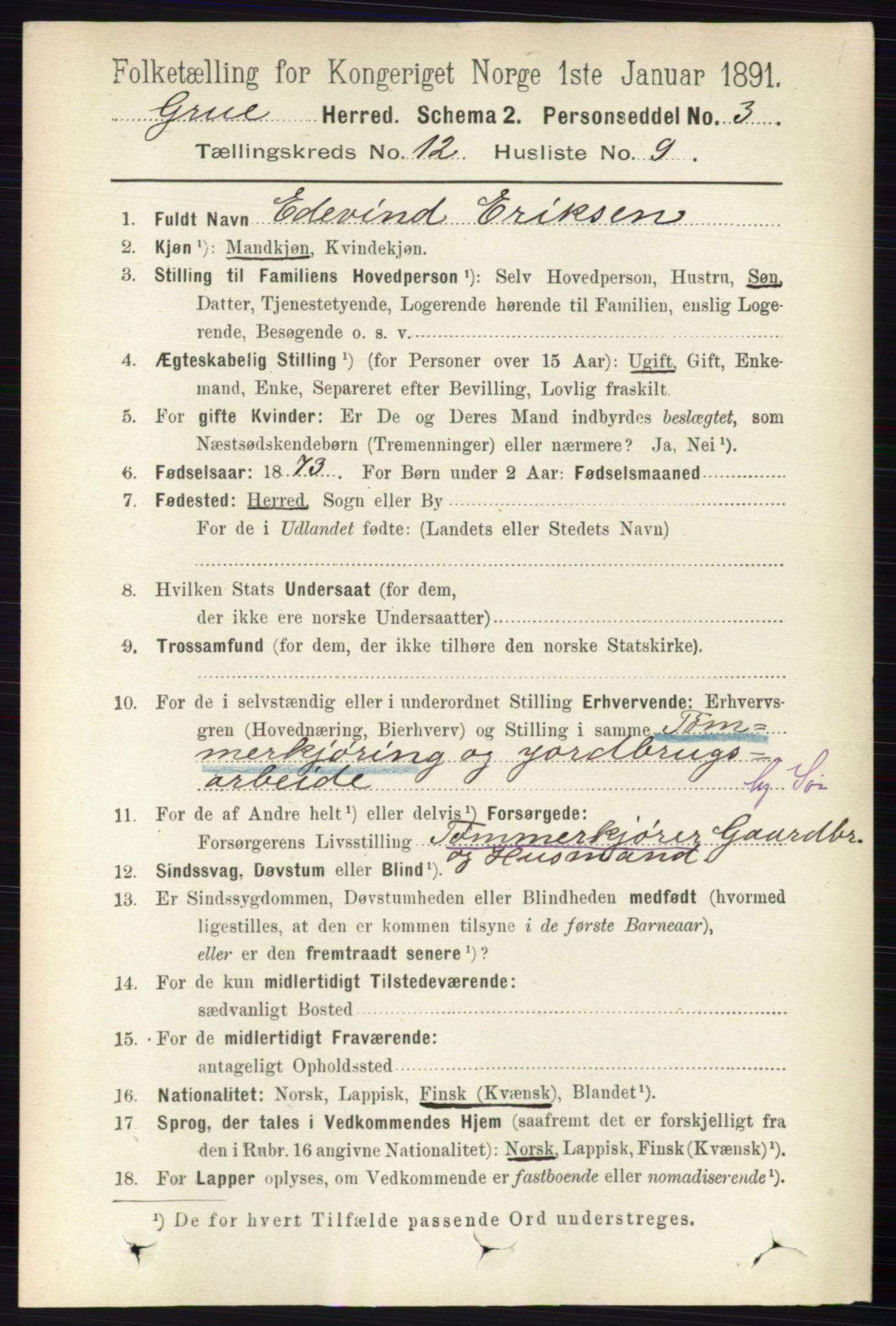 RA, 1891 census for 0423 Grue, 1891, p. 6169