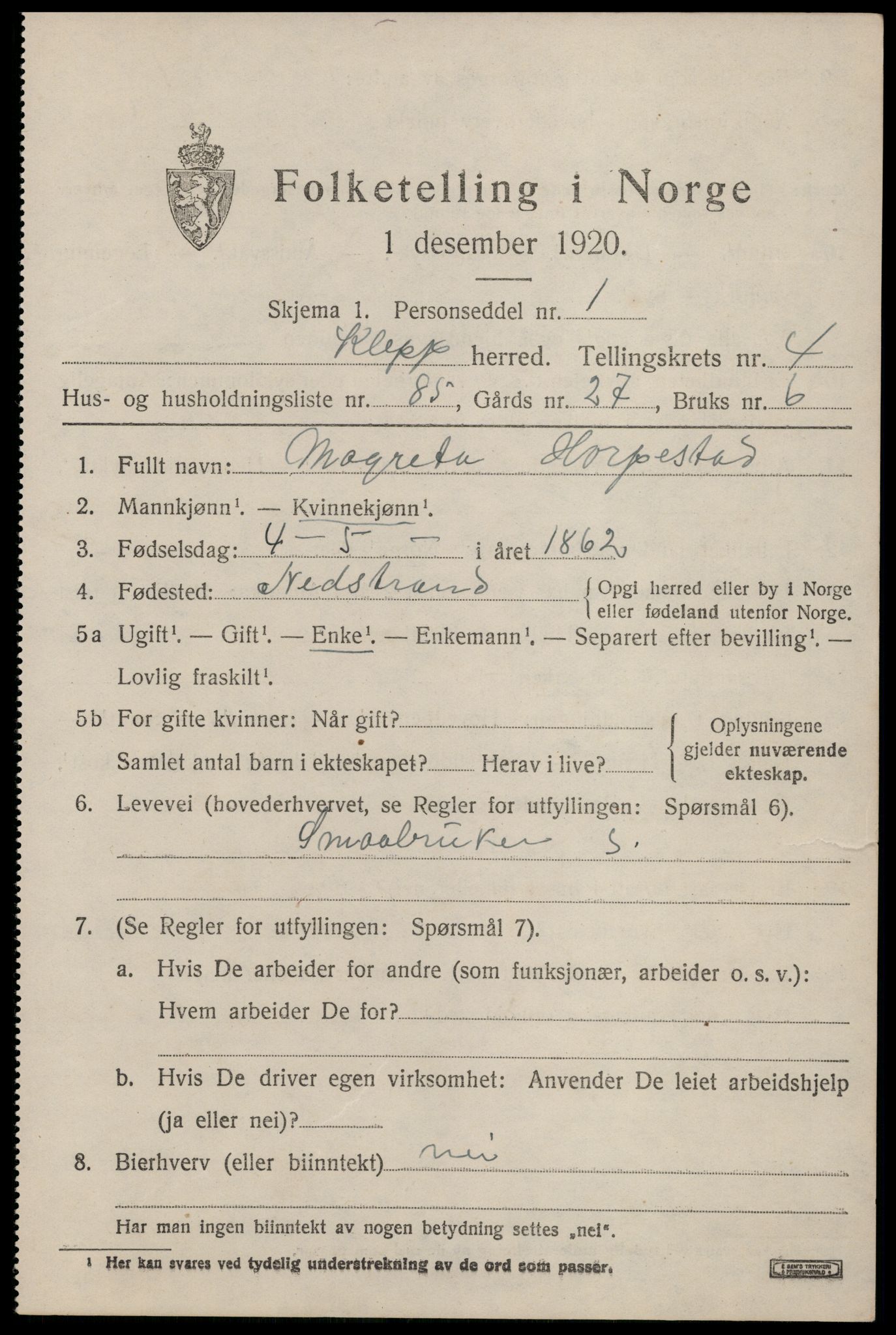 SAST, 1920 census for Klepp, 1920, p. 5344