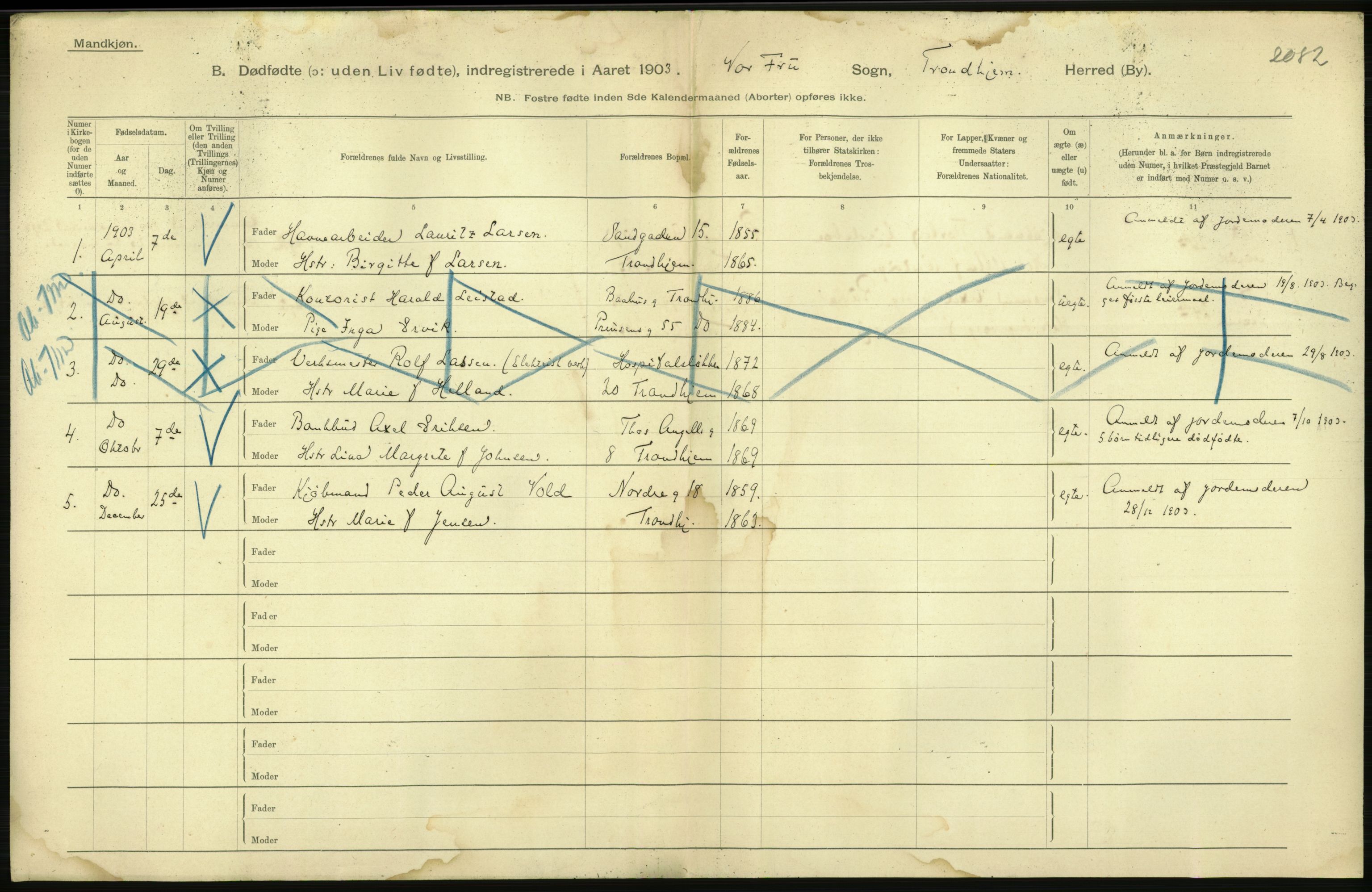 Statistisk sentralbyrå, Sosiodemografiske emner, Befolkning, RA/S-2228/D/Df/Dfa/Dfaa/L0026: Smålenenes - Finnmarkens amt: Dødfødte. Byer., 1903, p. 224