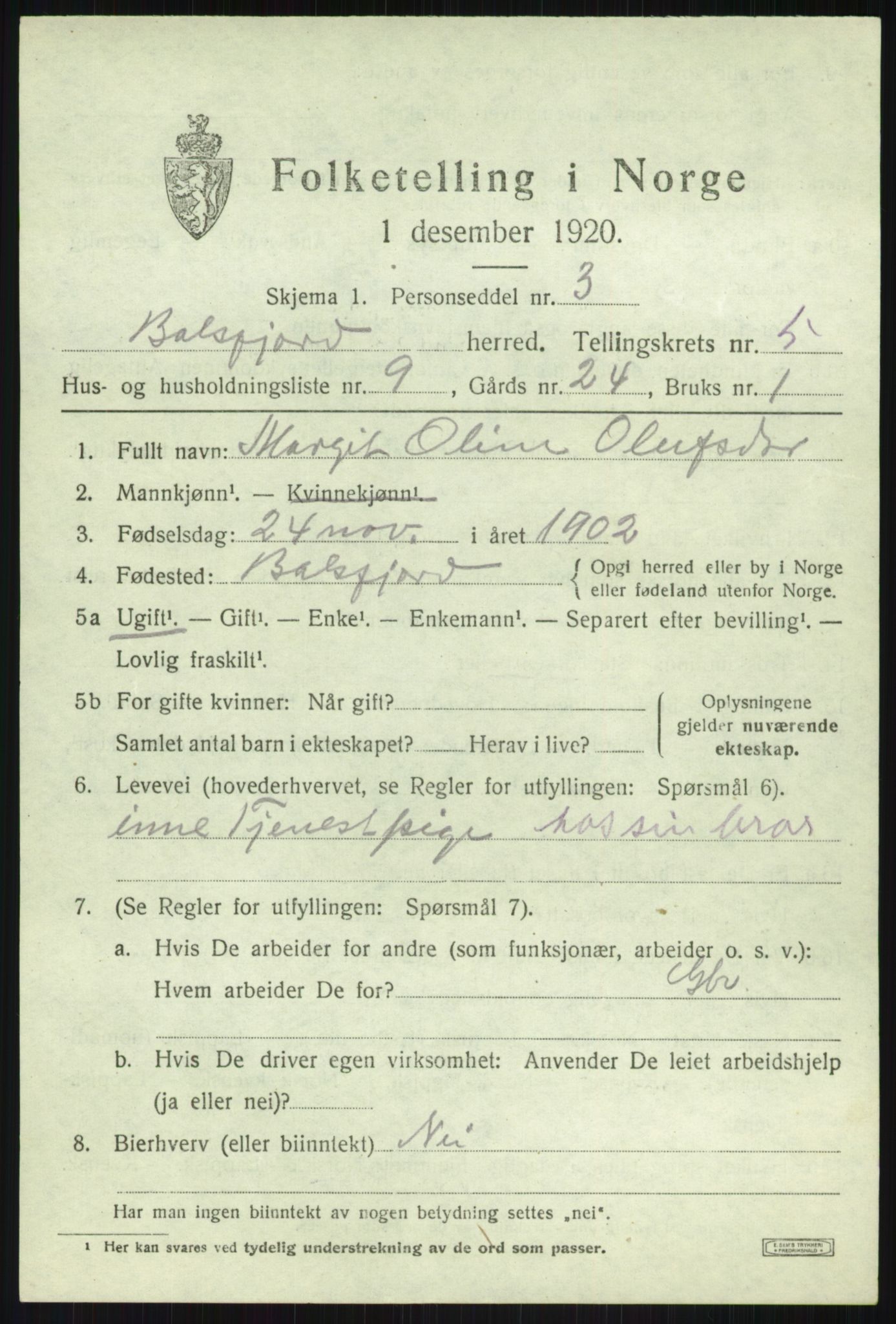 SATØ, 1920 census for Balsfjord, 1920, p. 3220