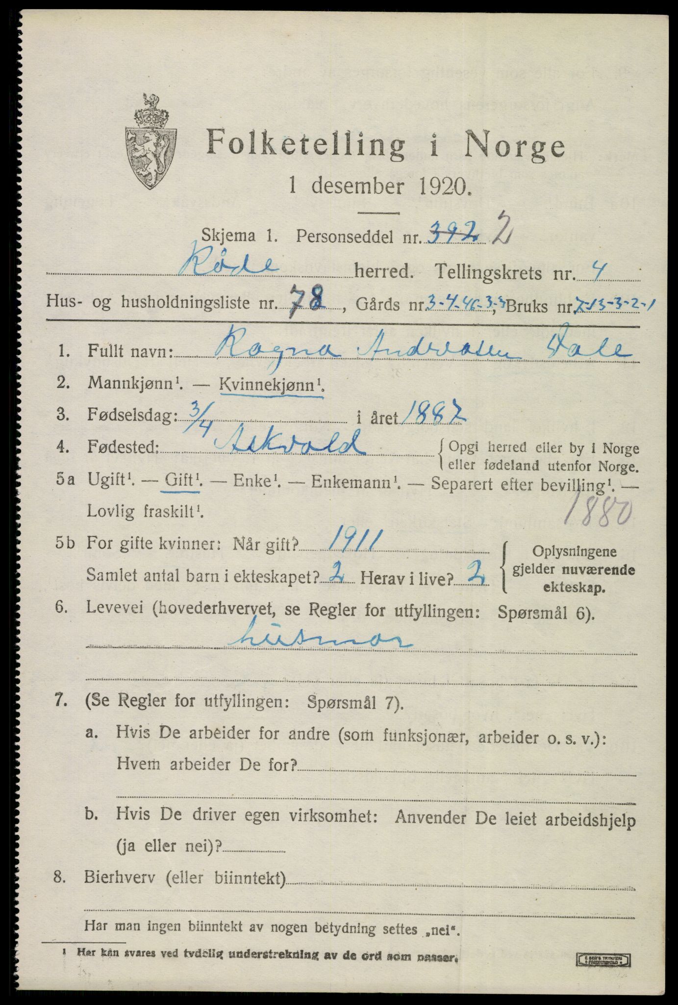 SAO, 1920 census for Råde, 1920, p. 4825