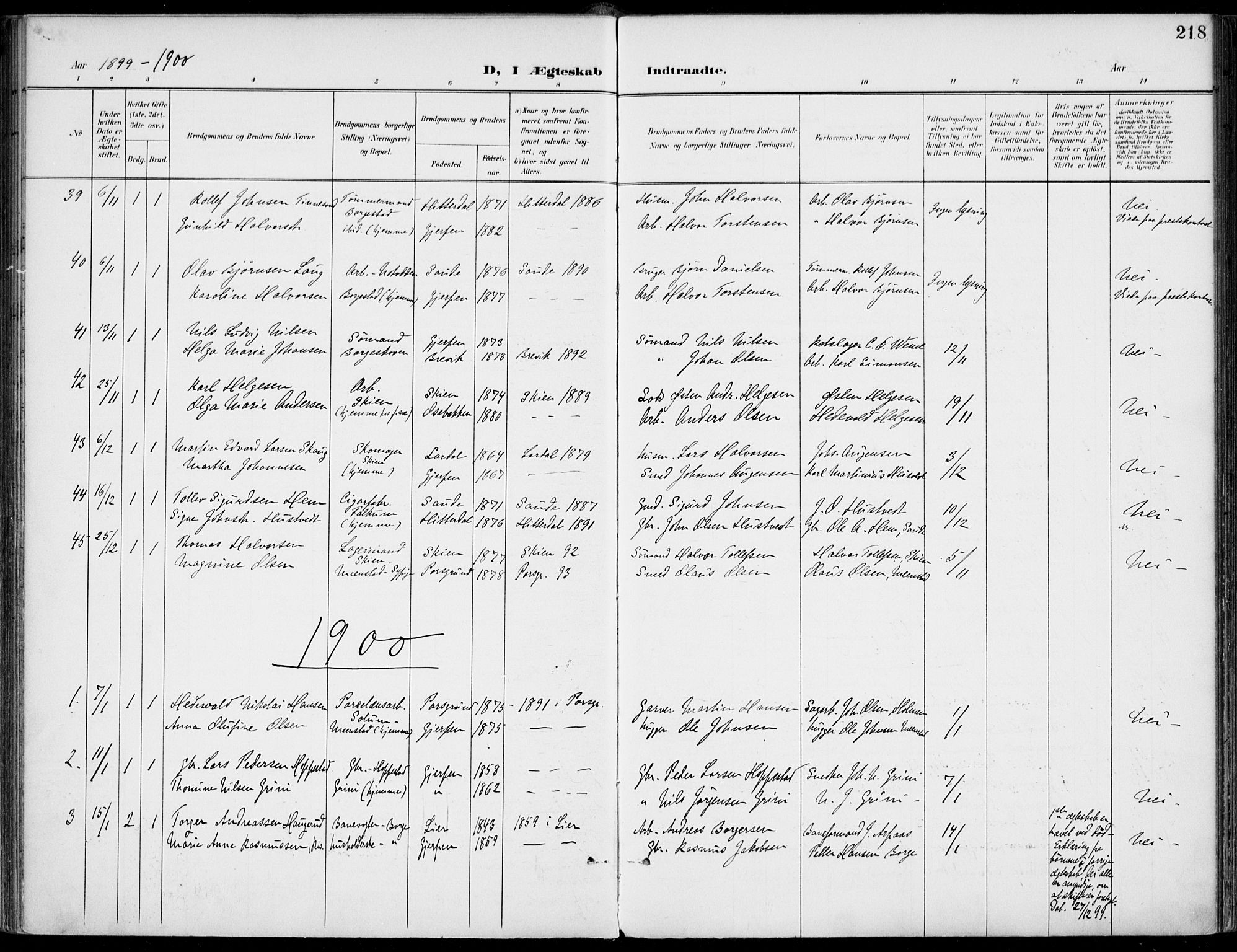 Gjerpen kirkebøker, AV/SAKO-A-265/F/Fa/L0011: Parish register (official) no. I 11, 1896-1904, p. 218