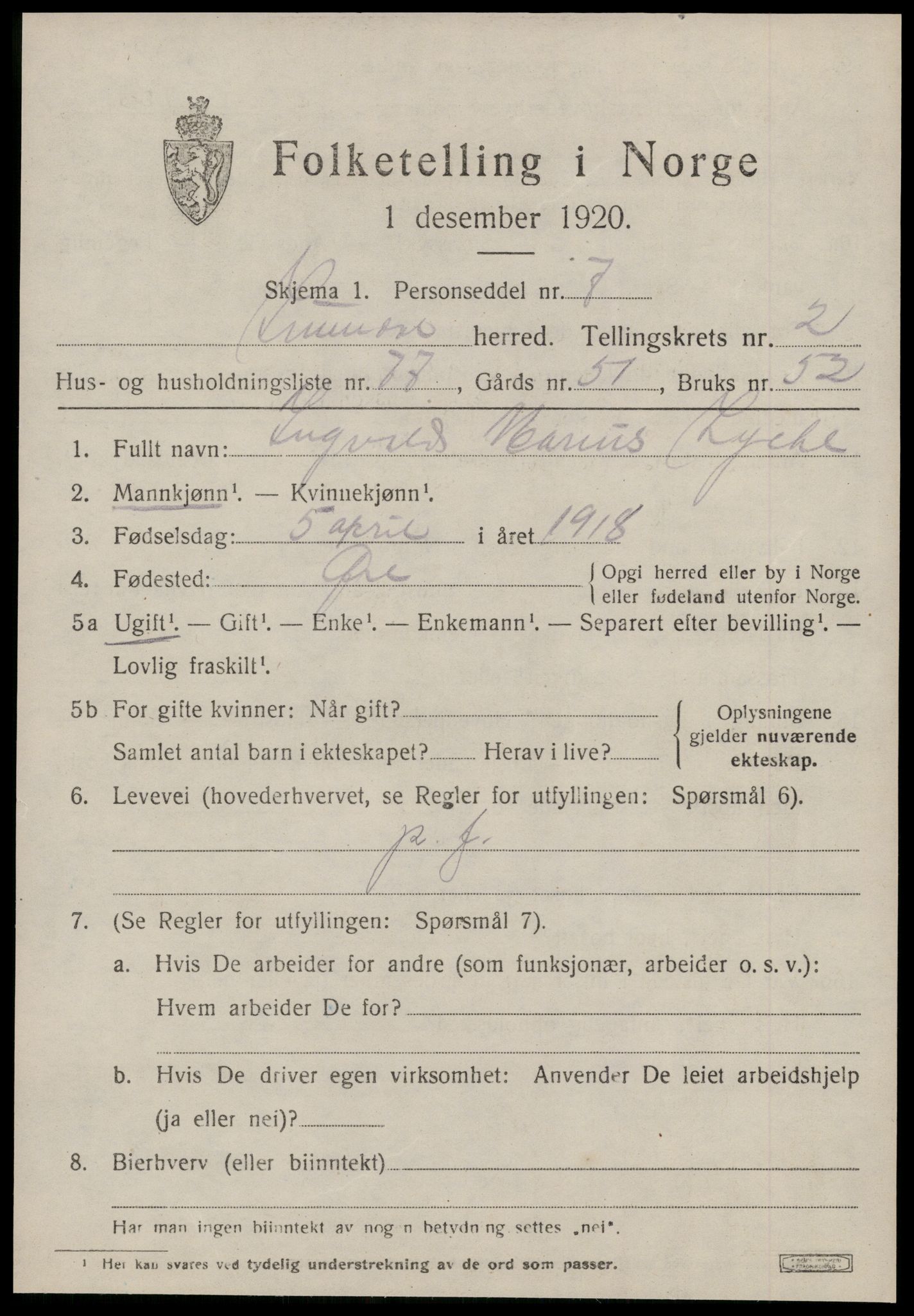 SAT, 1920 census for Sunndal, 1920, p. 1892