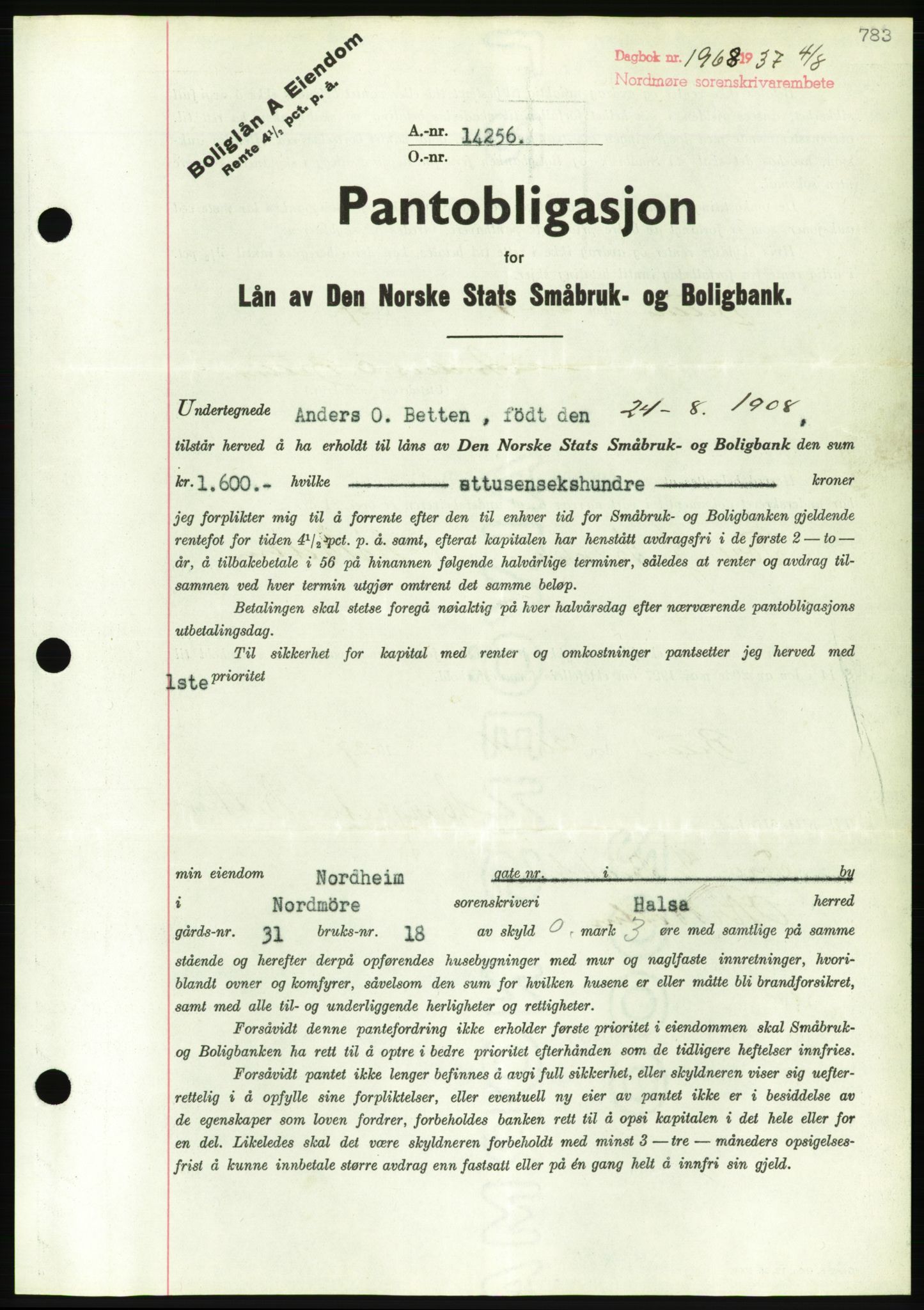 Nordmøre sorenskriveri, AV/SAT-A-4132/1/2/2Ca/L0091: Mortgage book no. B81, 1937-1937, Diary no: : 1968/1937