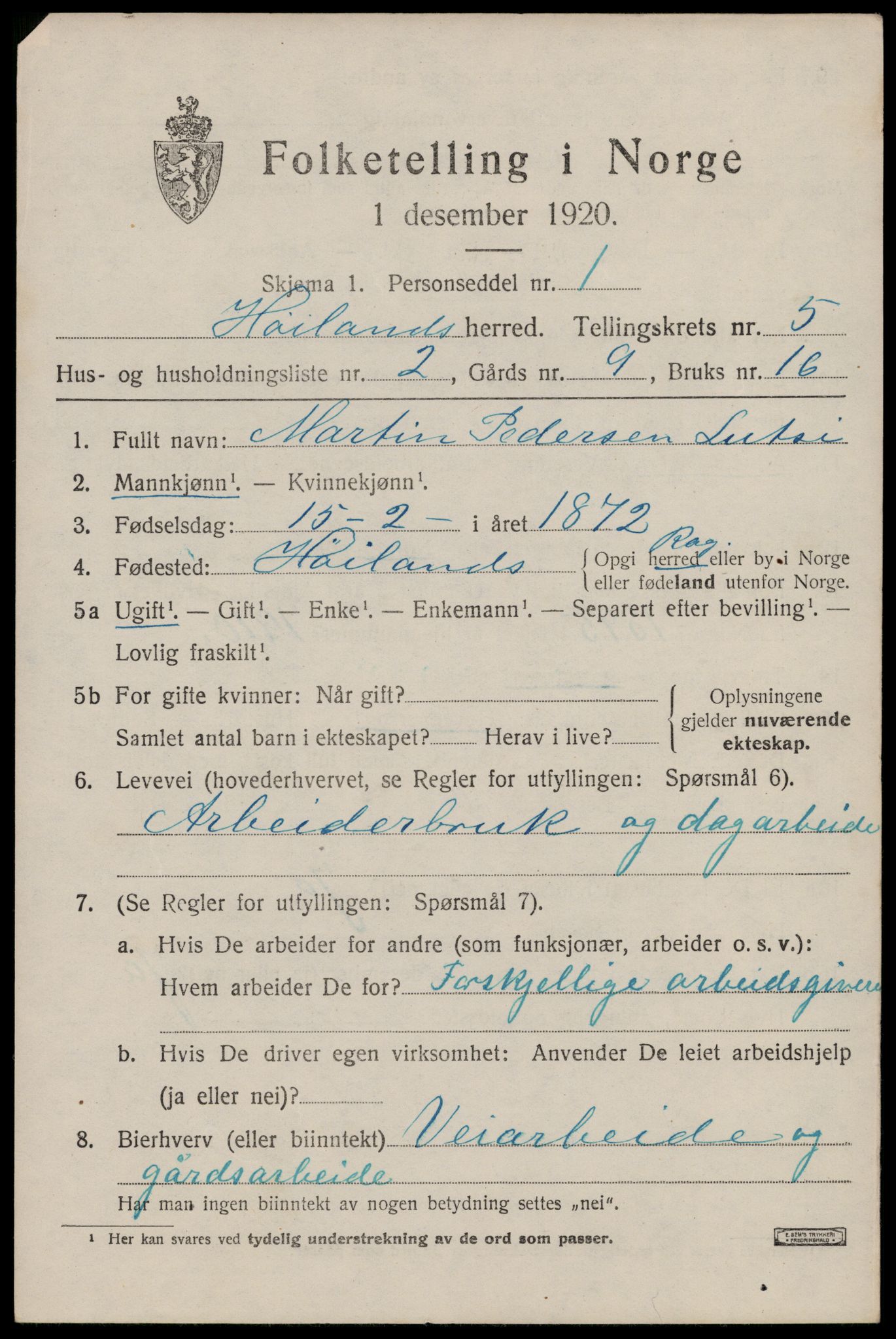 SAST, 1920 census for Høyland, 1920, p. 3730