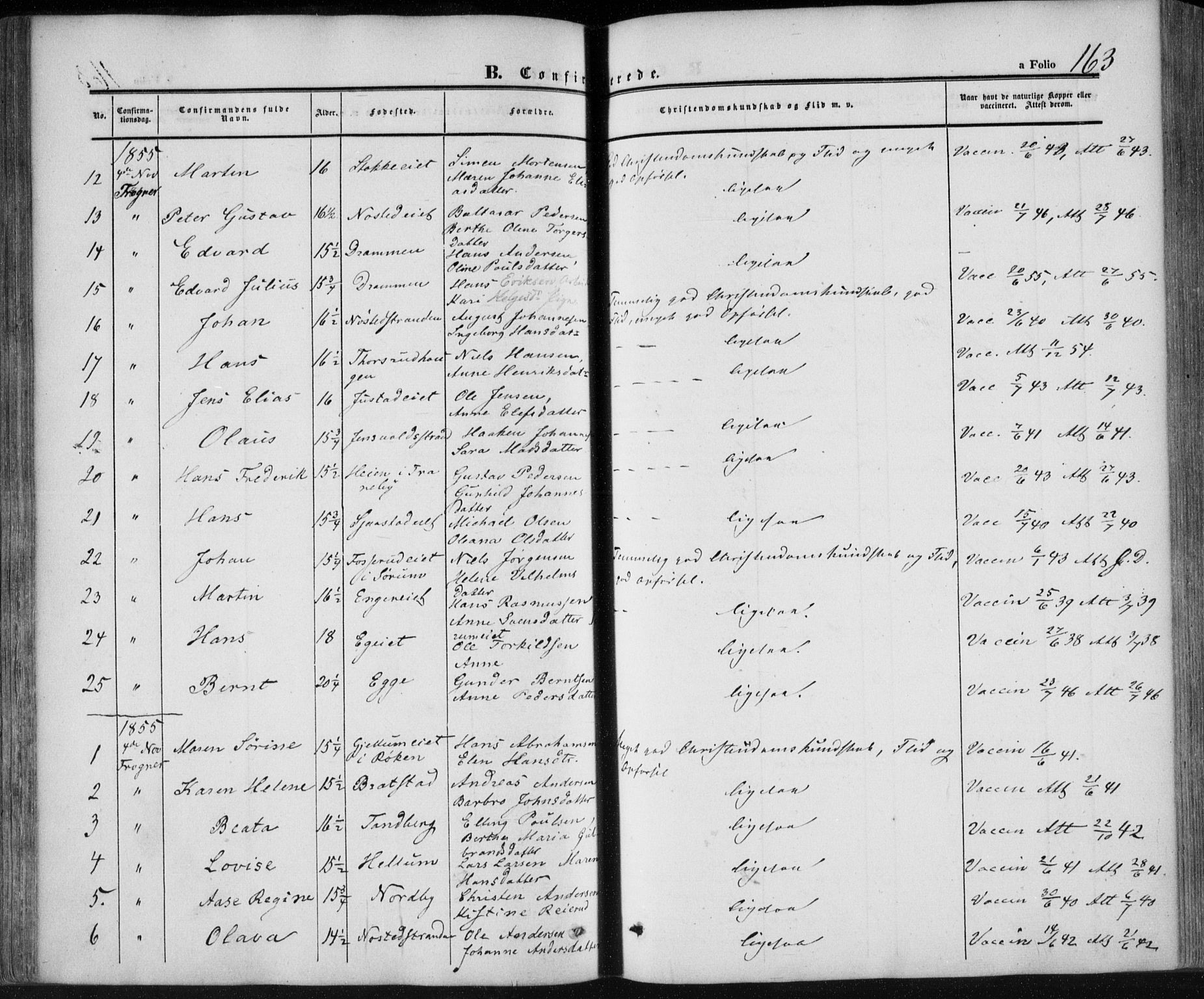 Lier kirkebøker, AV/SAKO-A-230/F/Fa/L0012: Parish register (official) no. I 12, 1854-1864, p. 163