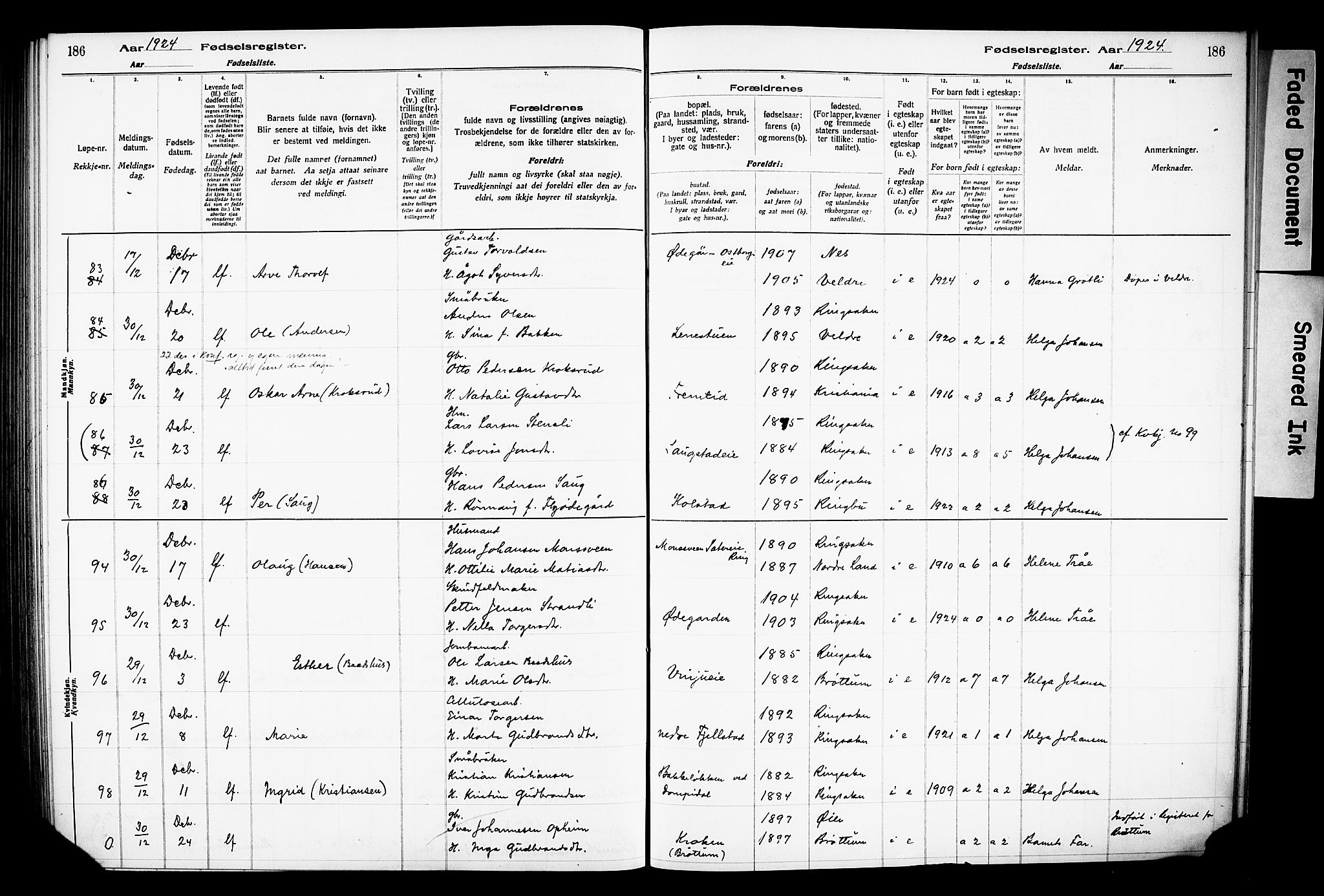 Ringsaker prestekontor, AV/SAH-PREST-014/O/Oa/L0001: Birth register no. 1, 1916-1925, p. 186