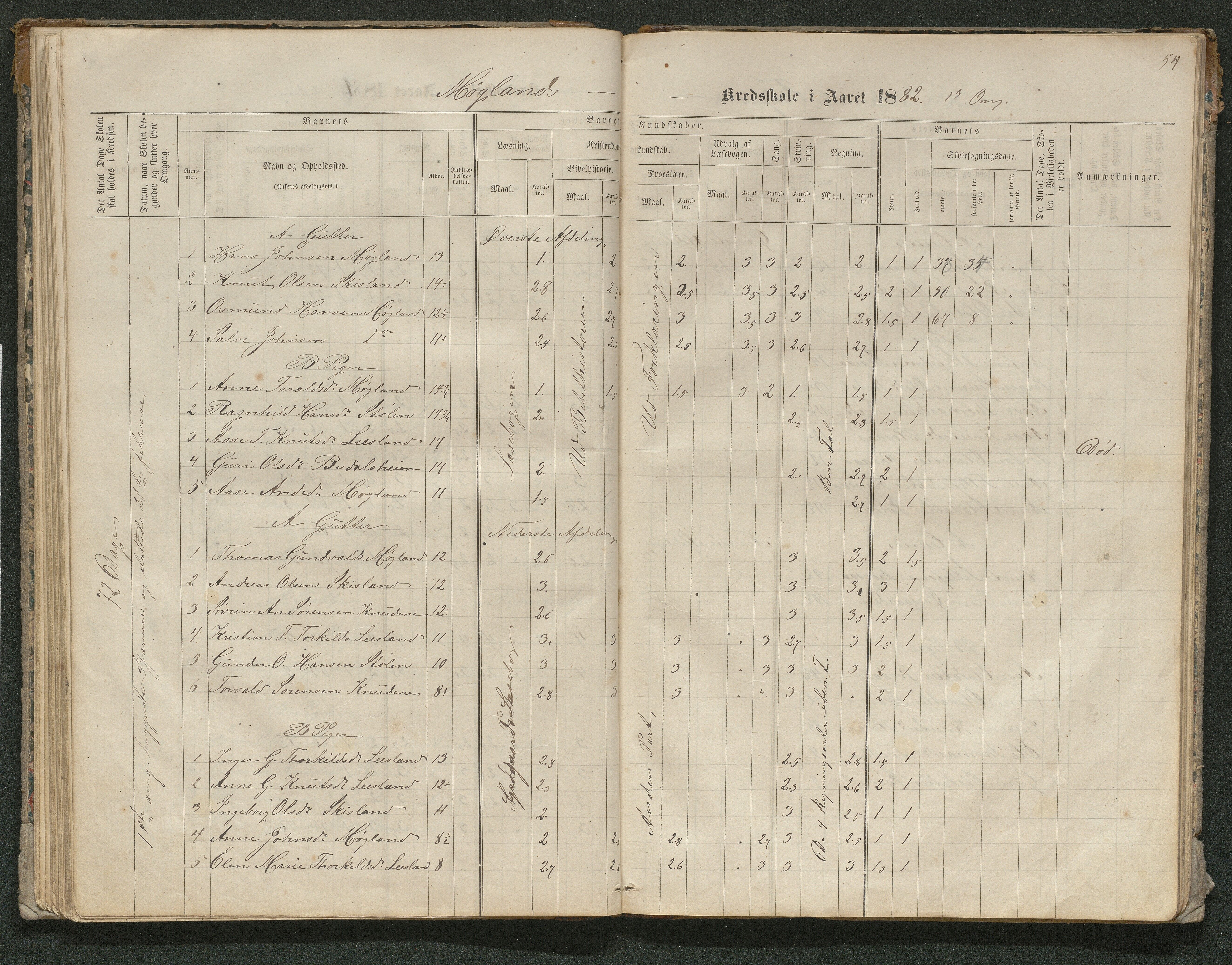 Iveland kommune, De enkelte kretsene/Skolene, AAKS/KA0935-550/A_10/L0005: Skoleprotokoll for Frøyså og Mykland krets, 1864-1881, p. 54