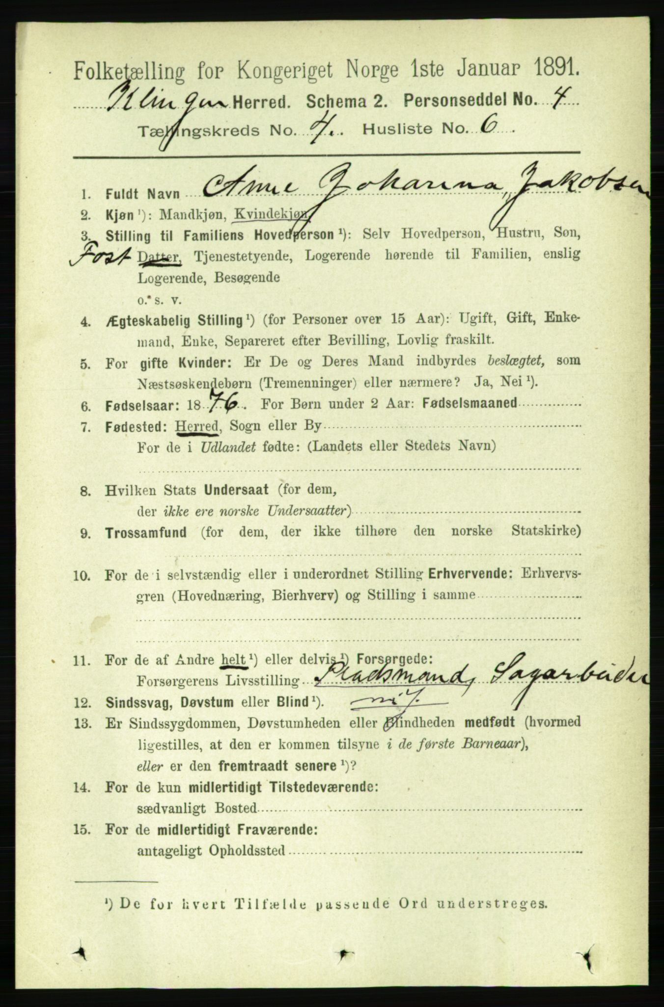 RA, 1891 census for 1746 Klinga, 1891, p. 1182