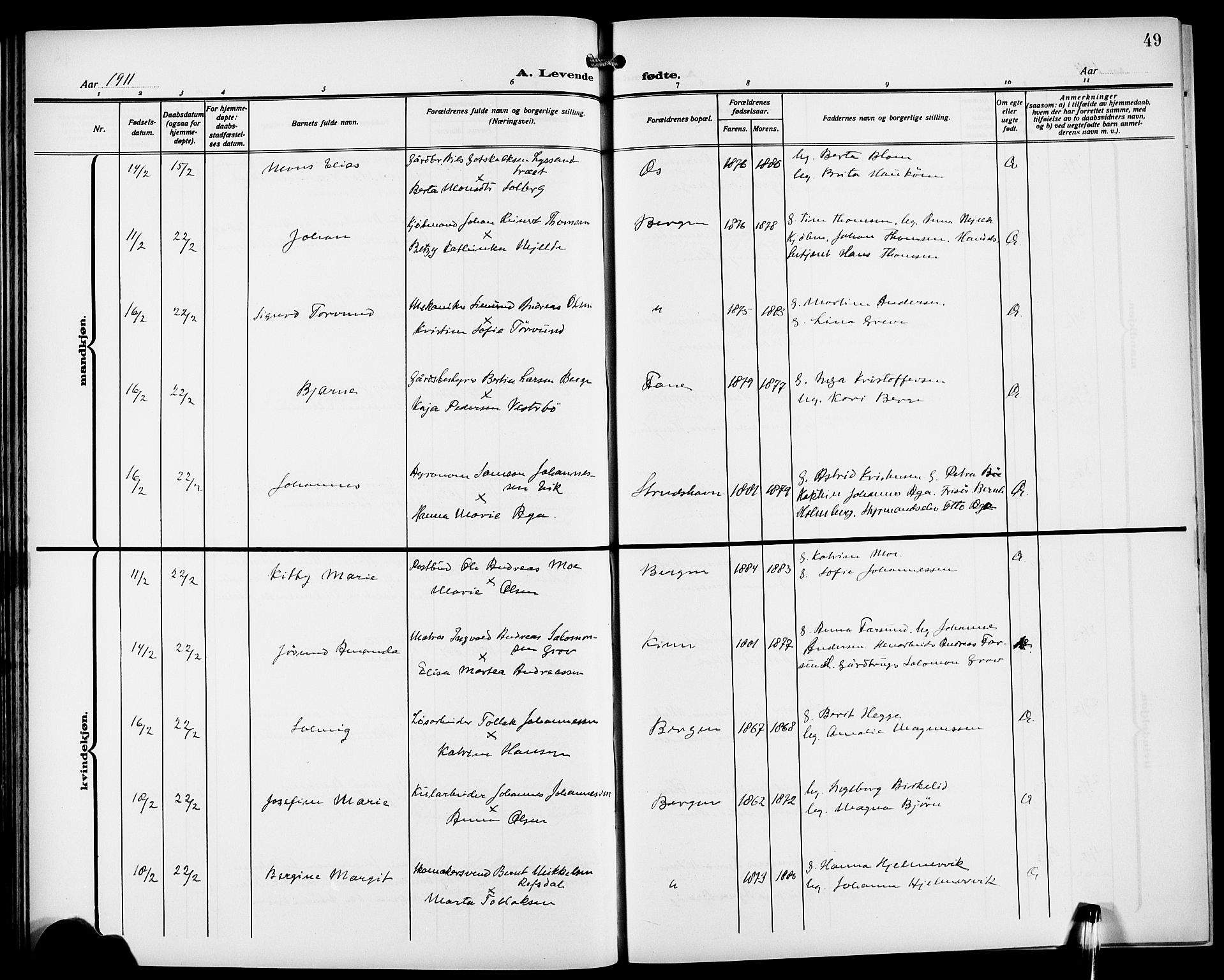 Fødselsstiftelsens sokneprestembete*, SAB/-: Parish register (copy) no. A 2, 1909-1916, p. 49