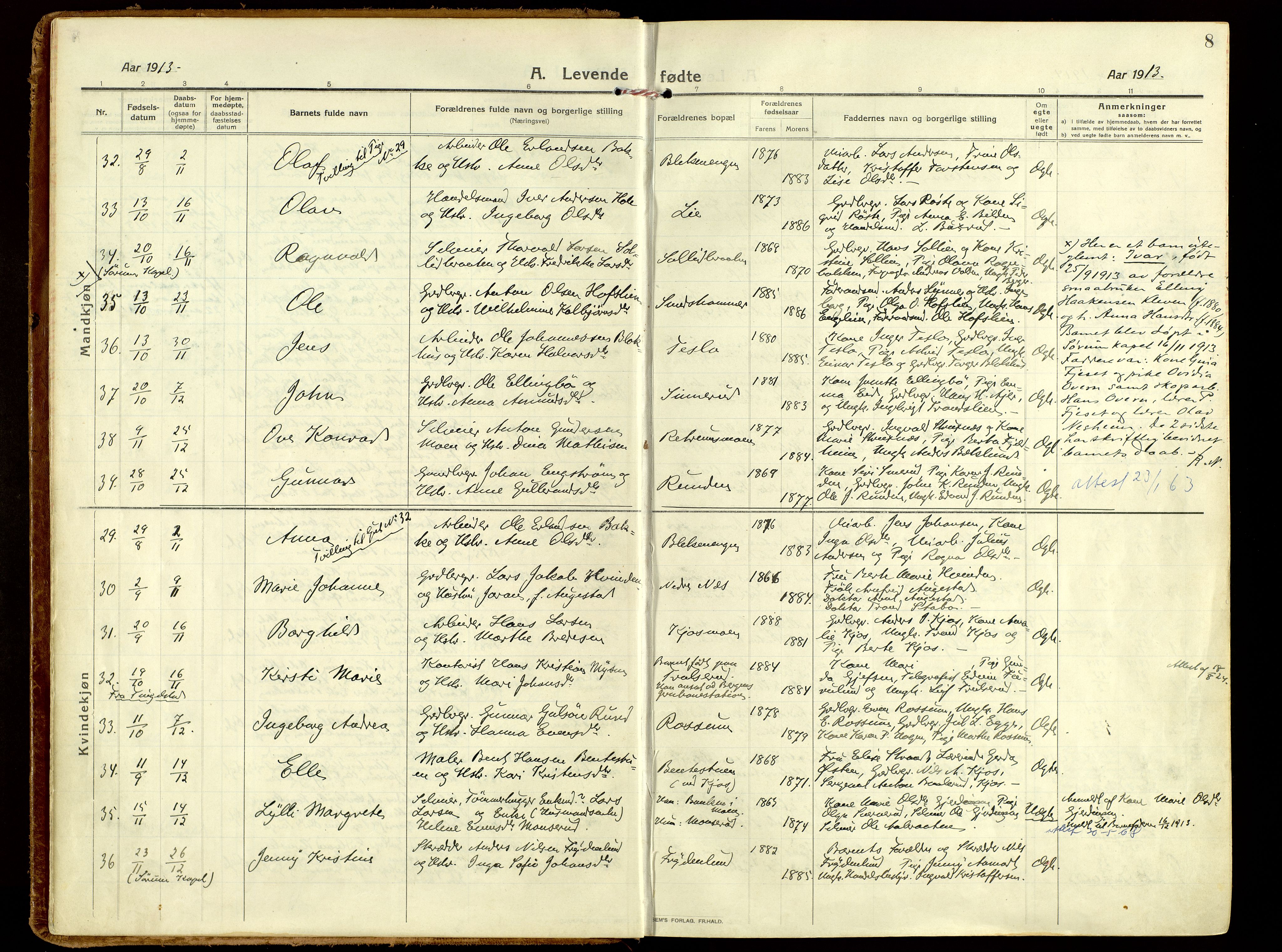 Brandbu prestekontor, AV/SAH-PREST-114/H/Ha/Haa/L0004: Parish register (official) no. 4, 1913-1923, p. 8