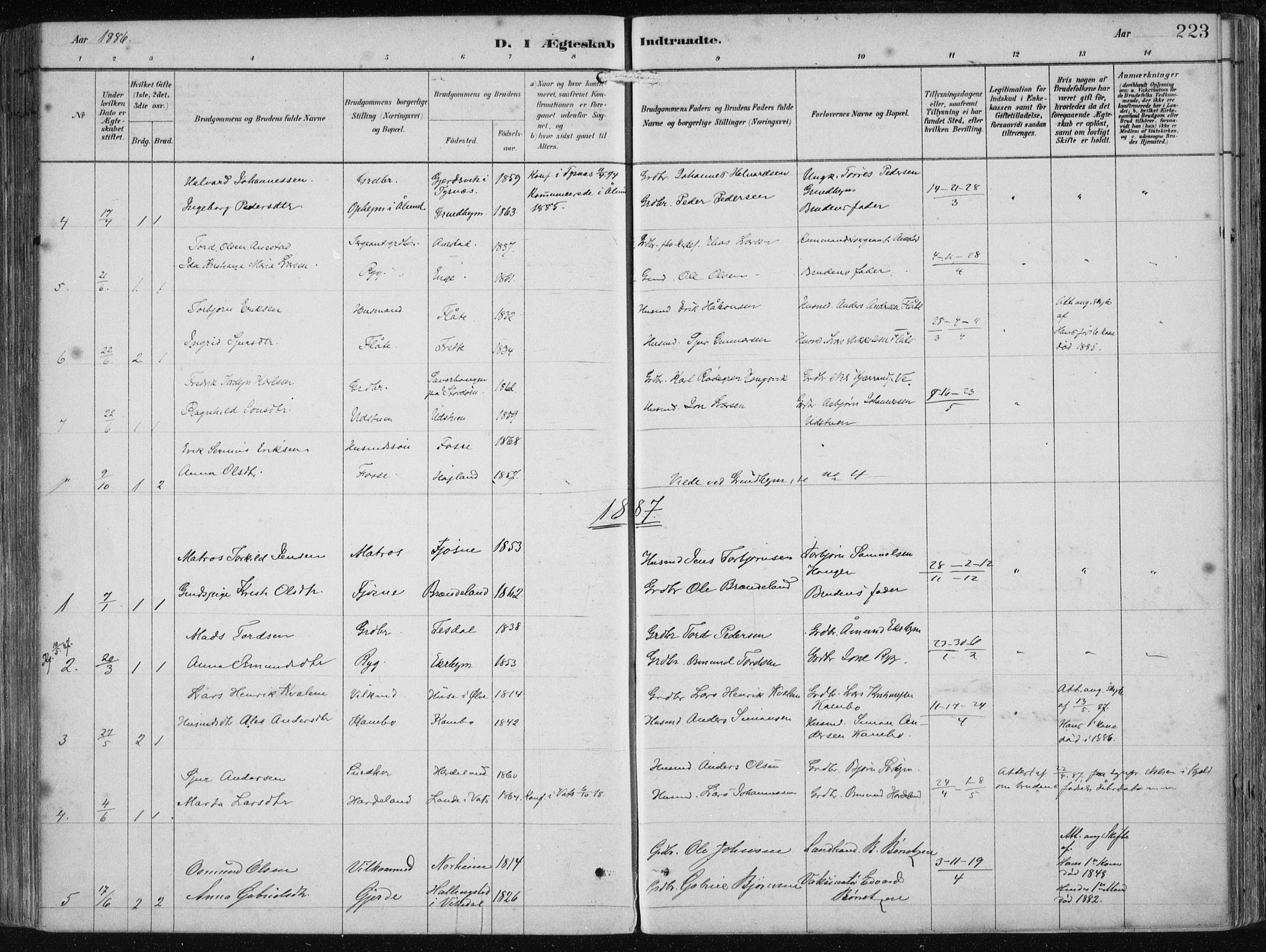 Etne sokneprestembete, SAB/A-75001/H/Haa: Parish register (official) no. B  1, 1879-1919, p. 223