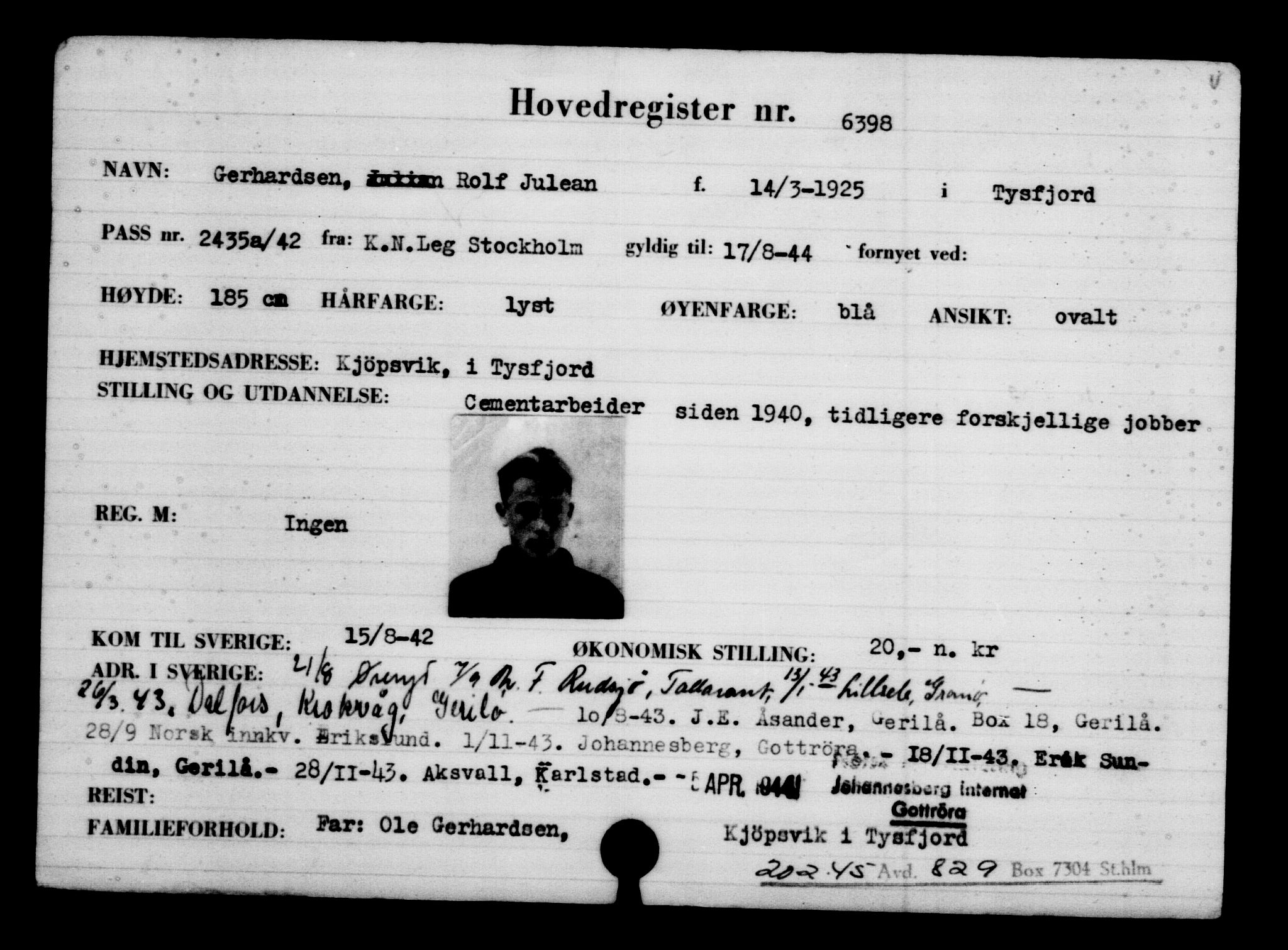 Utenriksstasjonene, Legasjonen i Stockholm, Flyktningkontoret, AV/RA-S-6753/V/Va/L0004: Kjesäterkartoteket, flyktninger med registreringsnr. 3496-6610, 1940-1945, p. 3431
