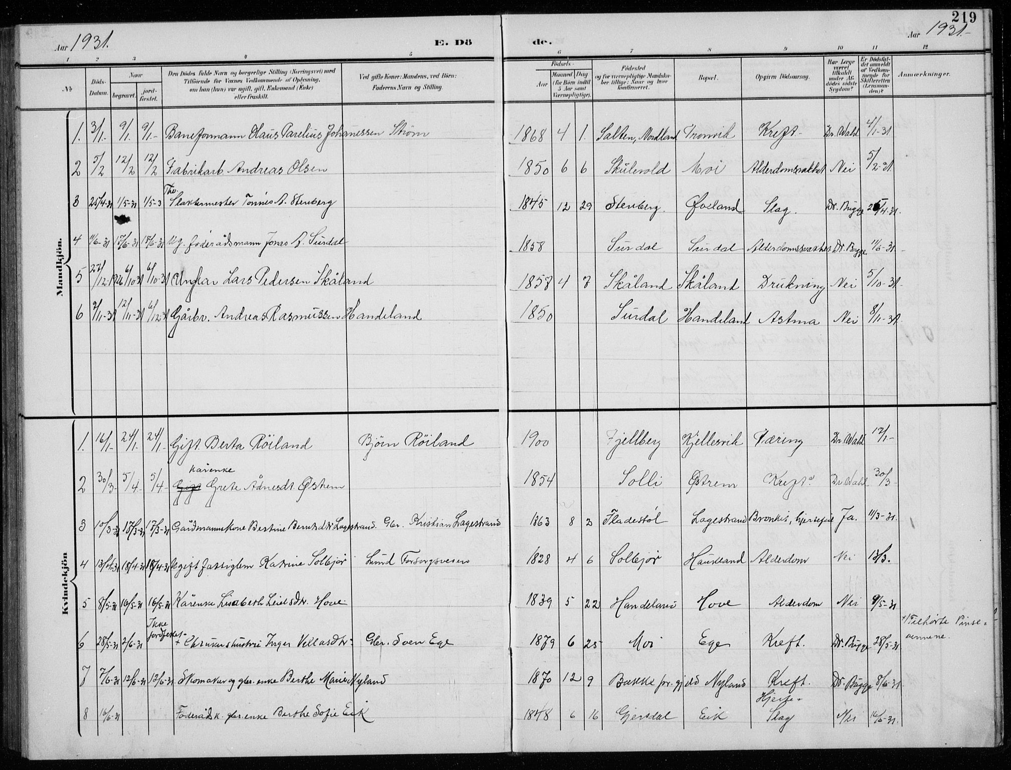 Lund sokneprestkontor, AV/SAST-A-101809/S07/L0008: Parish register (copy) no. B 8, 1902-1936, p. 219