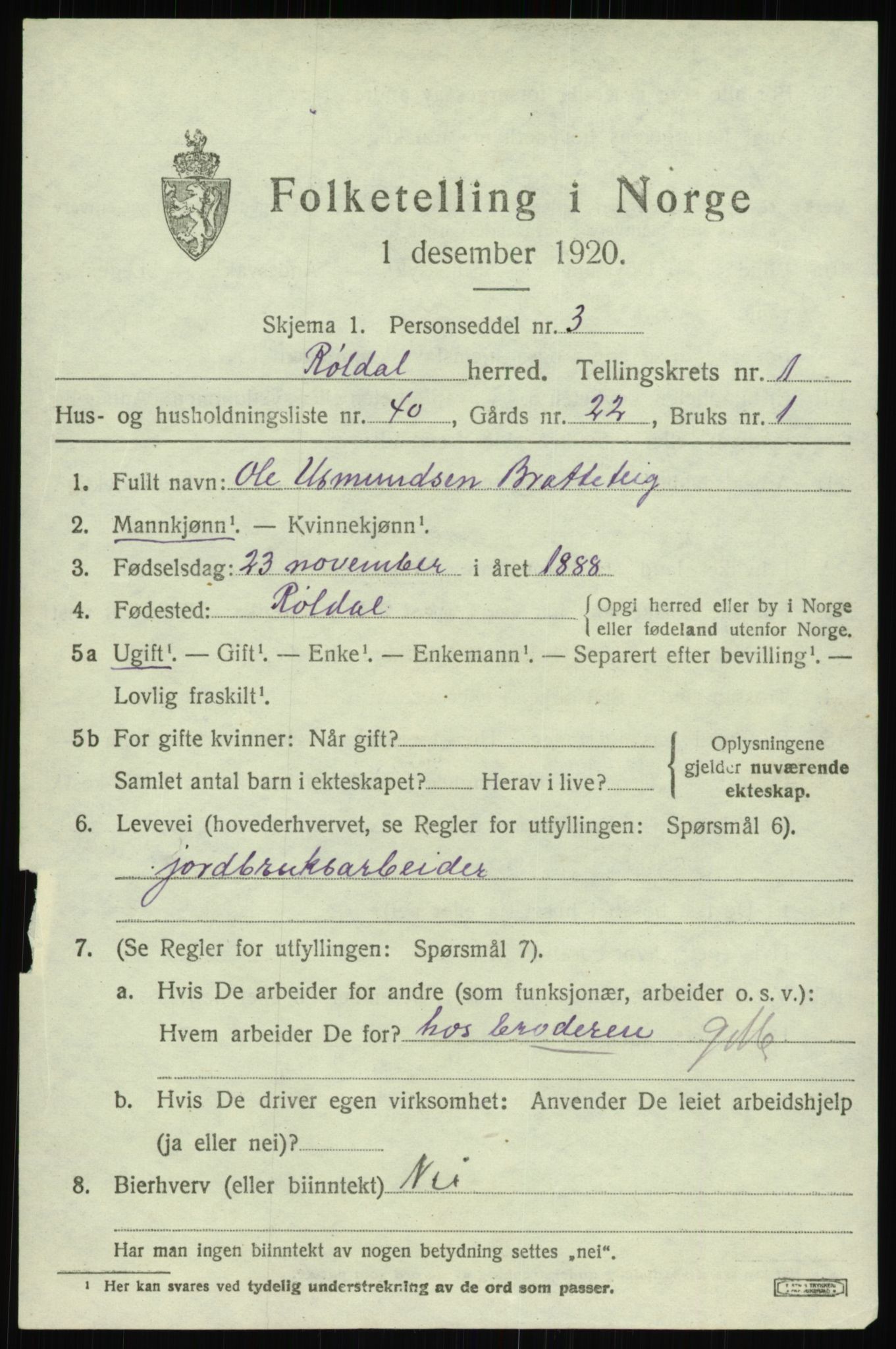 SAB, 1920 census for Røldal, 1920, p. 747