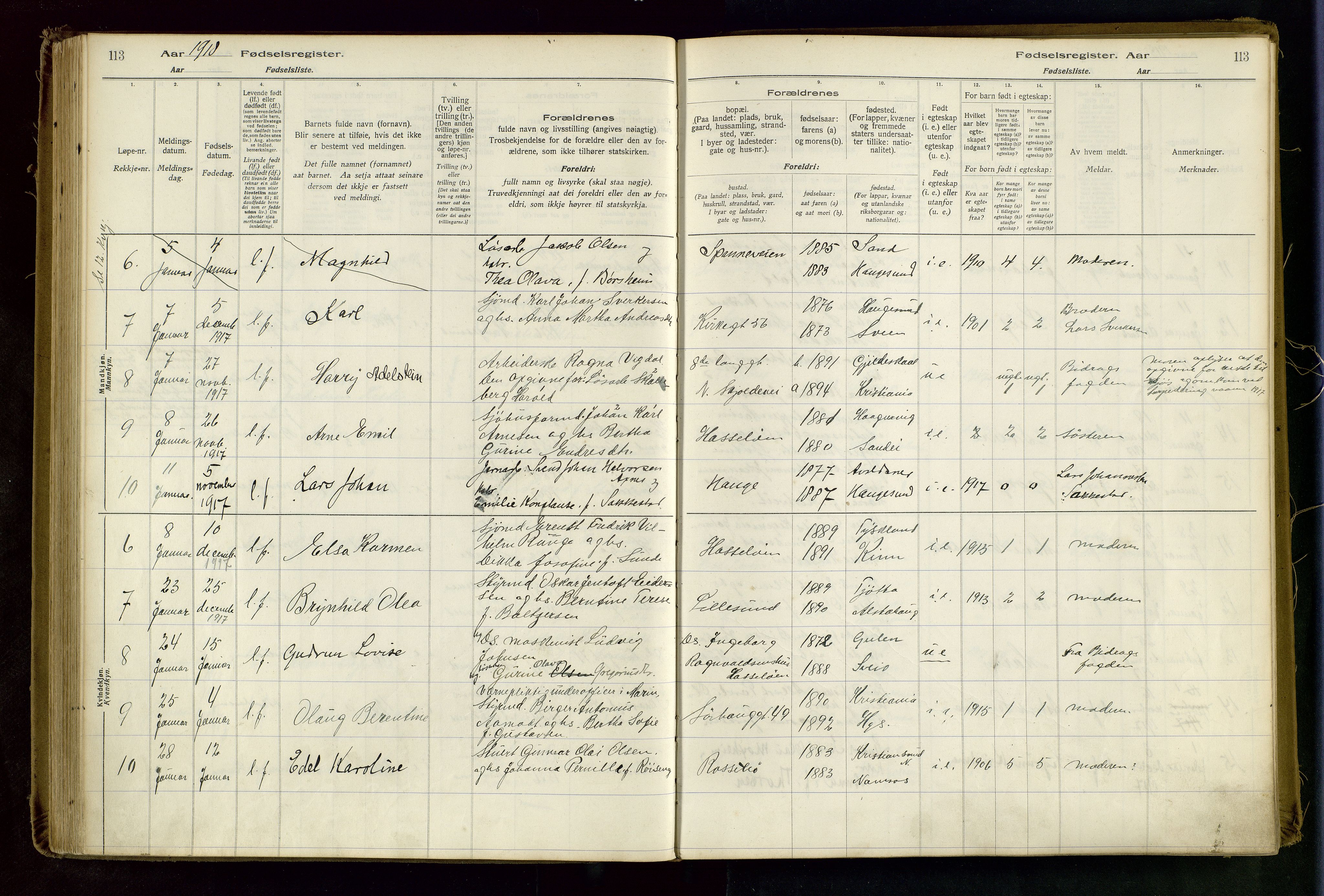 Haugesund sokneprestkontor, AV/SAST-A -101863/I/Id/L0003: Birth register no. 1, 1916-1919, p. 113