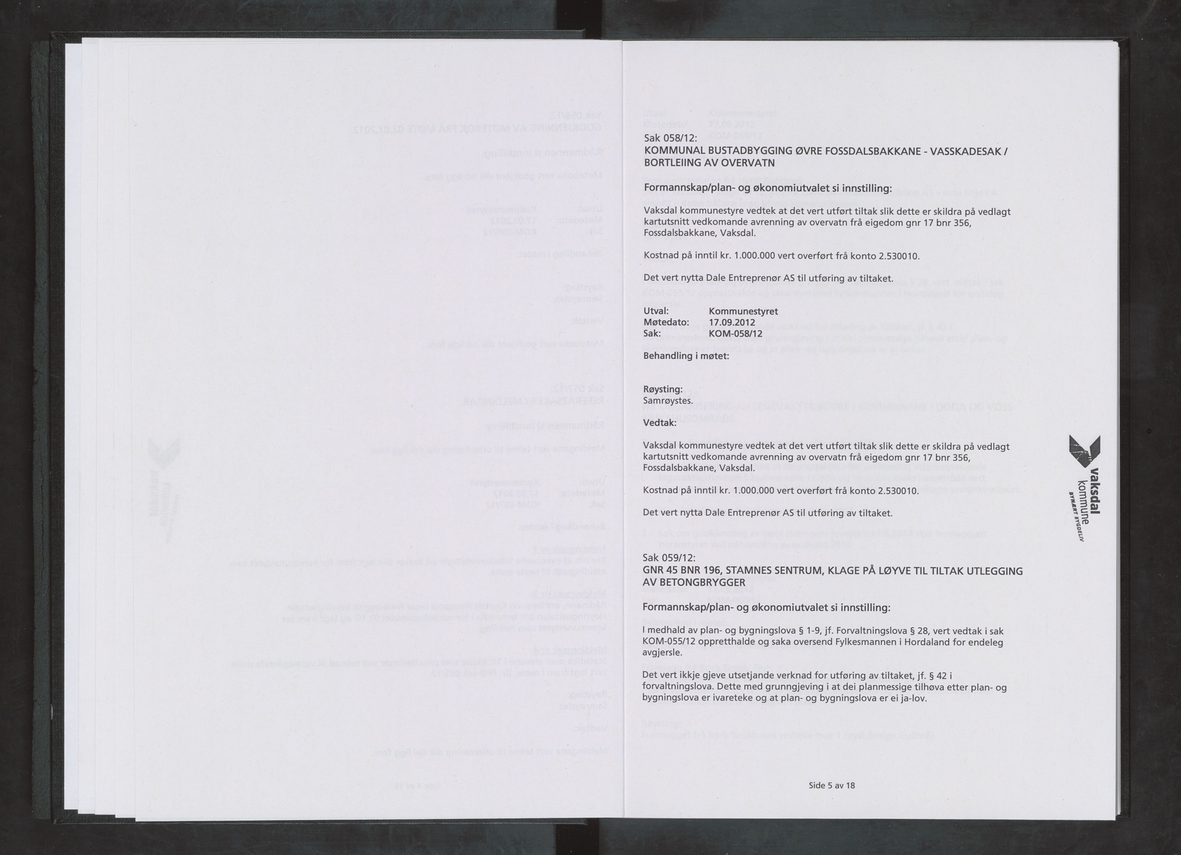 Vaksdal kommune. Formannskapet, IKAH/1251b-021/A/Ab/L0028: Møtebok for kommunestyret DEL II, 2012