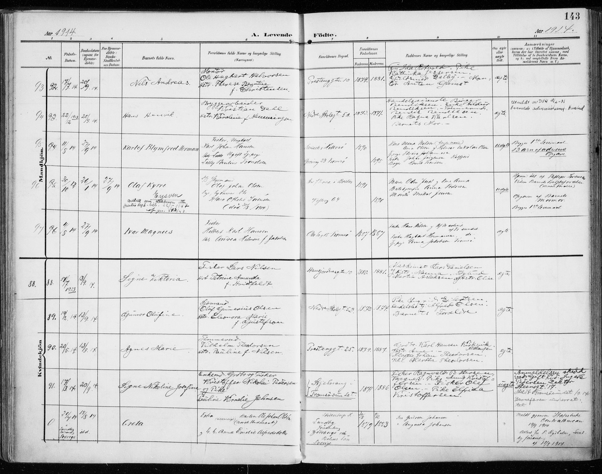 Tromsø sokneprestkontor/stiftsprosti/domprosti, AV/SATØ-S-1343/G/Ga/L0017kirke: Parish register (official) no. 17, 1907-1917, p. 143