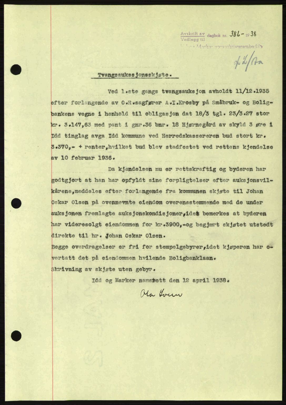 Idd og Marker sorenskriveri, AV/SAO-A-10283/G/Gb/Gbb/L0002: Mortgage book no. A2, 1937-1938, Diary no: : 386/1938