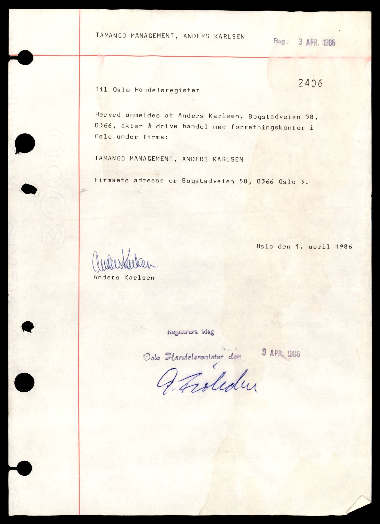 Oslo byfogd, Handelsregisteret, SAT/A-10867/G/Gb/Gbb/L0109: Registreringsmeldinger, T-Ø, 1988, p. 1