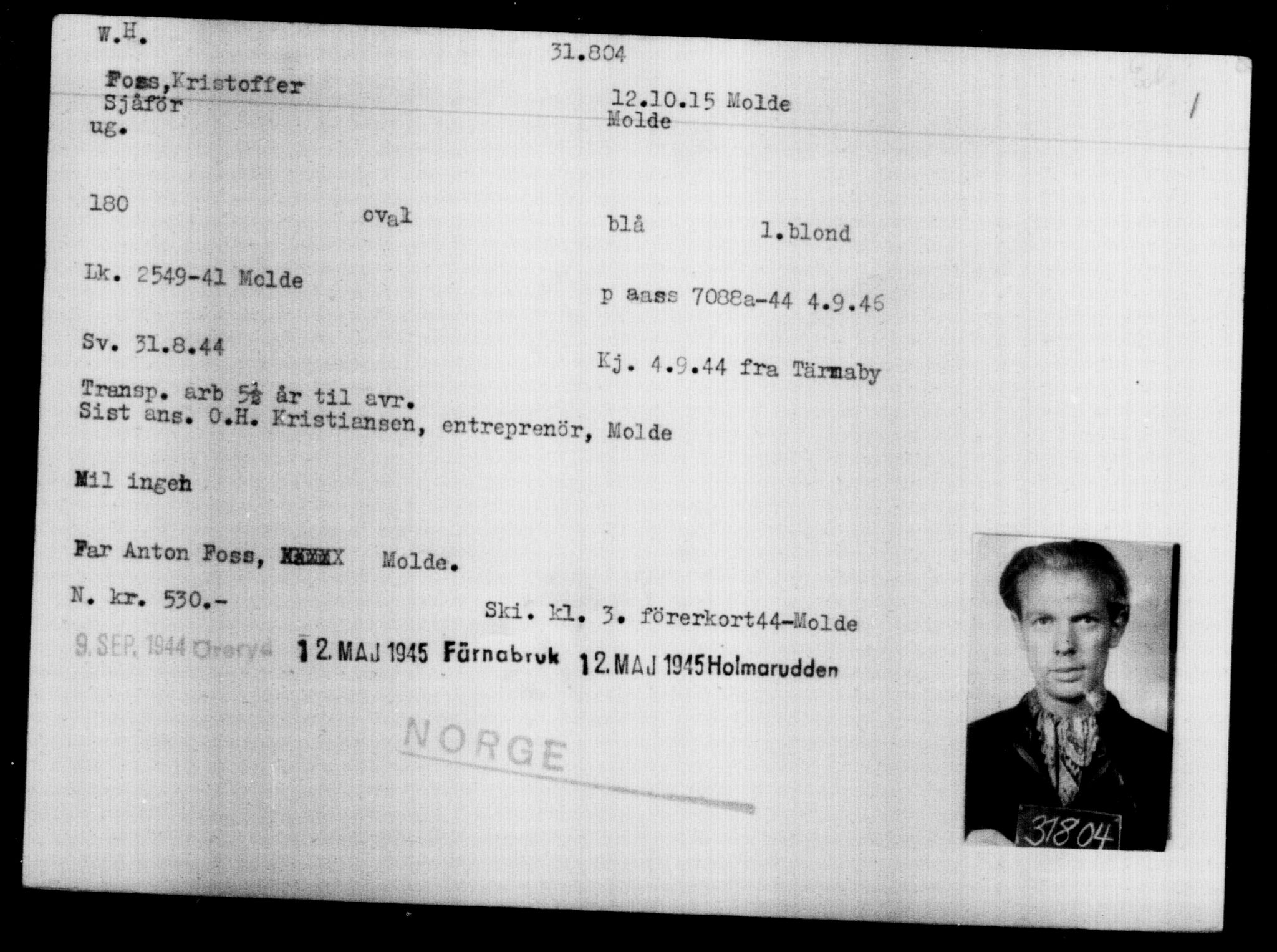 Utenriksstasjonene, Legasjonen i Stockholm, Flyktningkontoret, AV/RA-S-6753/V/Va/L0013: Kjesäterkartoteket, flyktninger med registreringsnr. 31500-34731, 1940-1945, p. 335