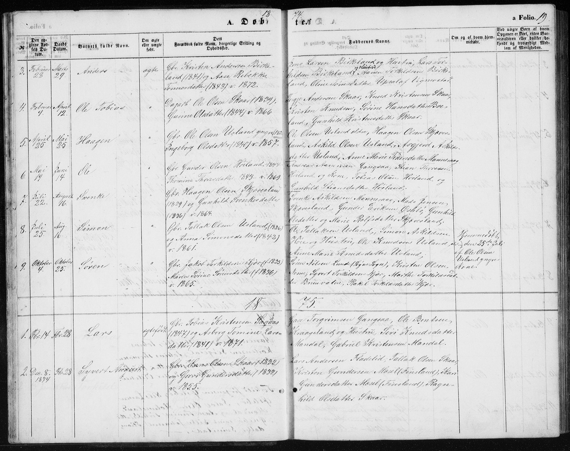 Holum sokneprestkontor, AV/SAK-1111-0022/F/Fb/Fbc/L0002: Parish register (copy) no. B 2, 1860-1882, p. 19