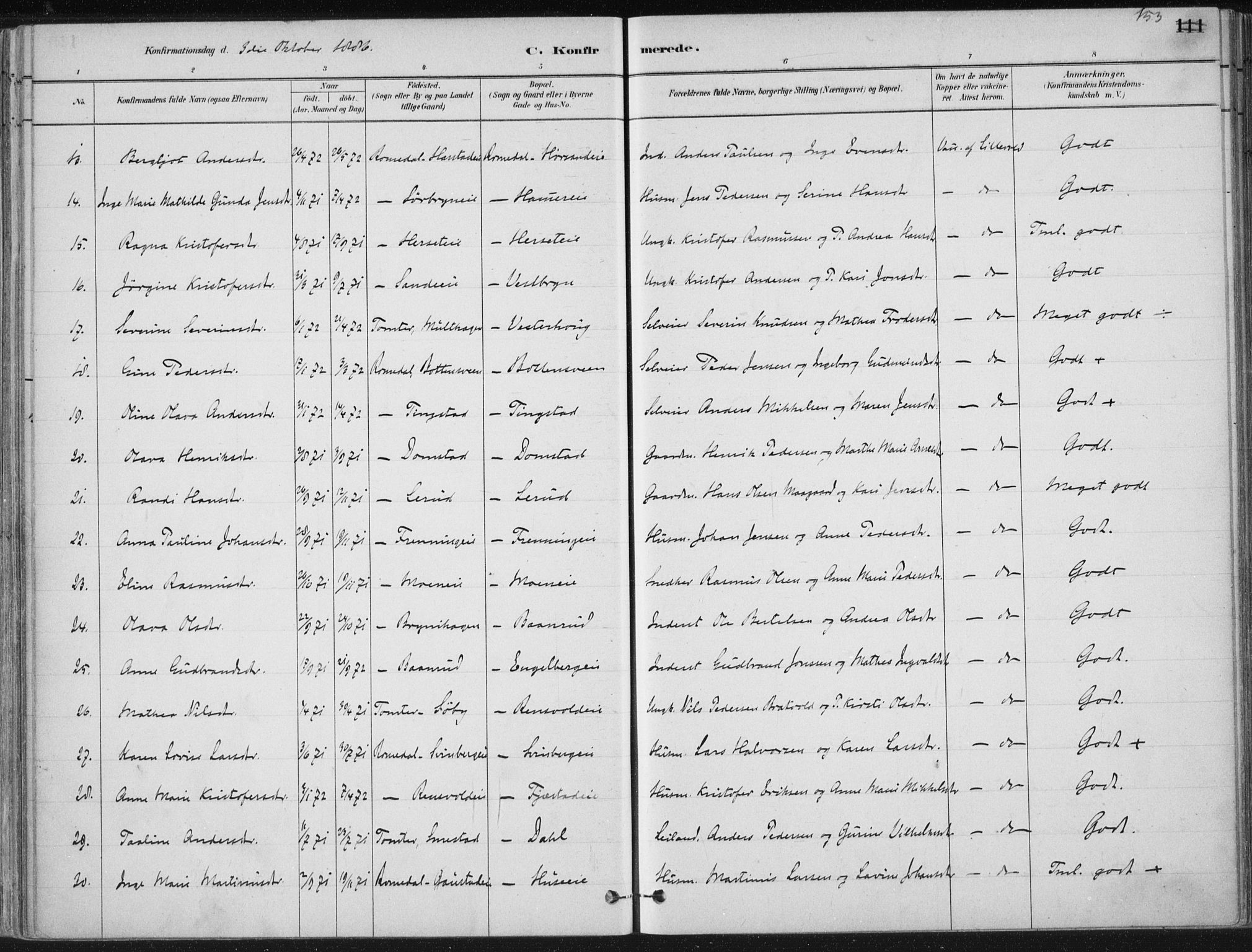Romedal prestekontor, SAH/PREST-004/K/L0010: Parish register (official) no. 10, 1880-1895, p. 153