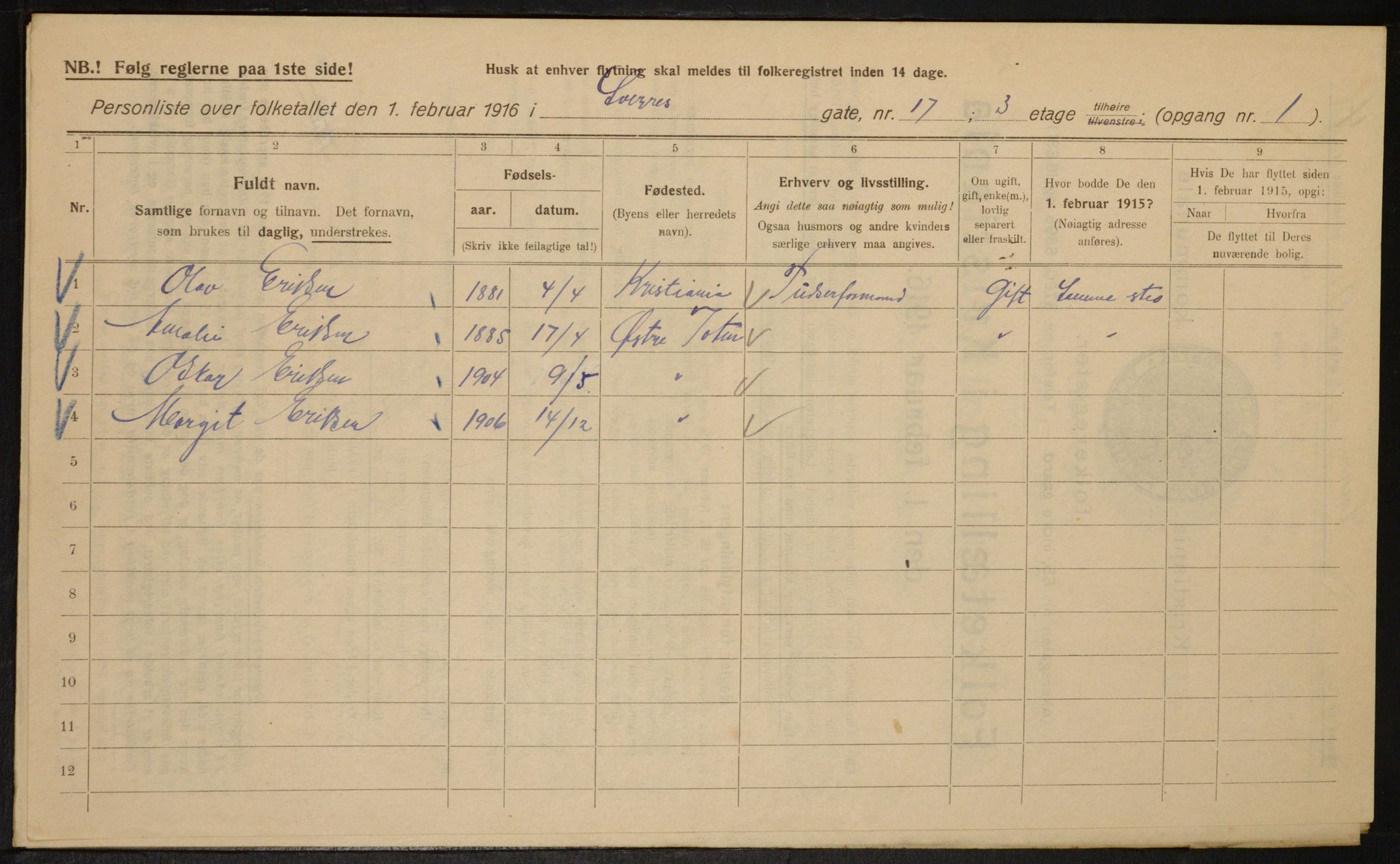 OBA, Municipal Census 1916 for Kristiania, 1916, p. 108933