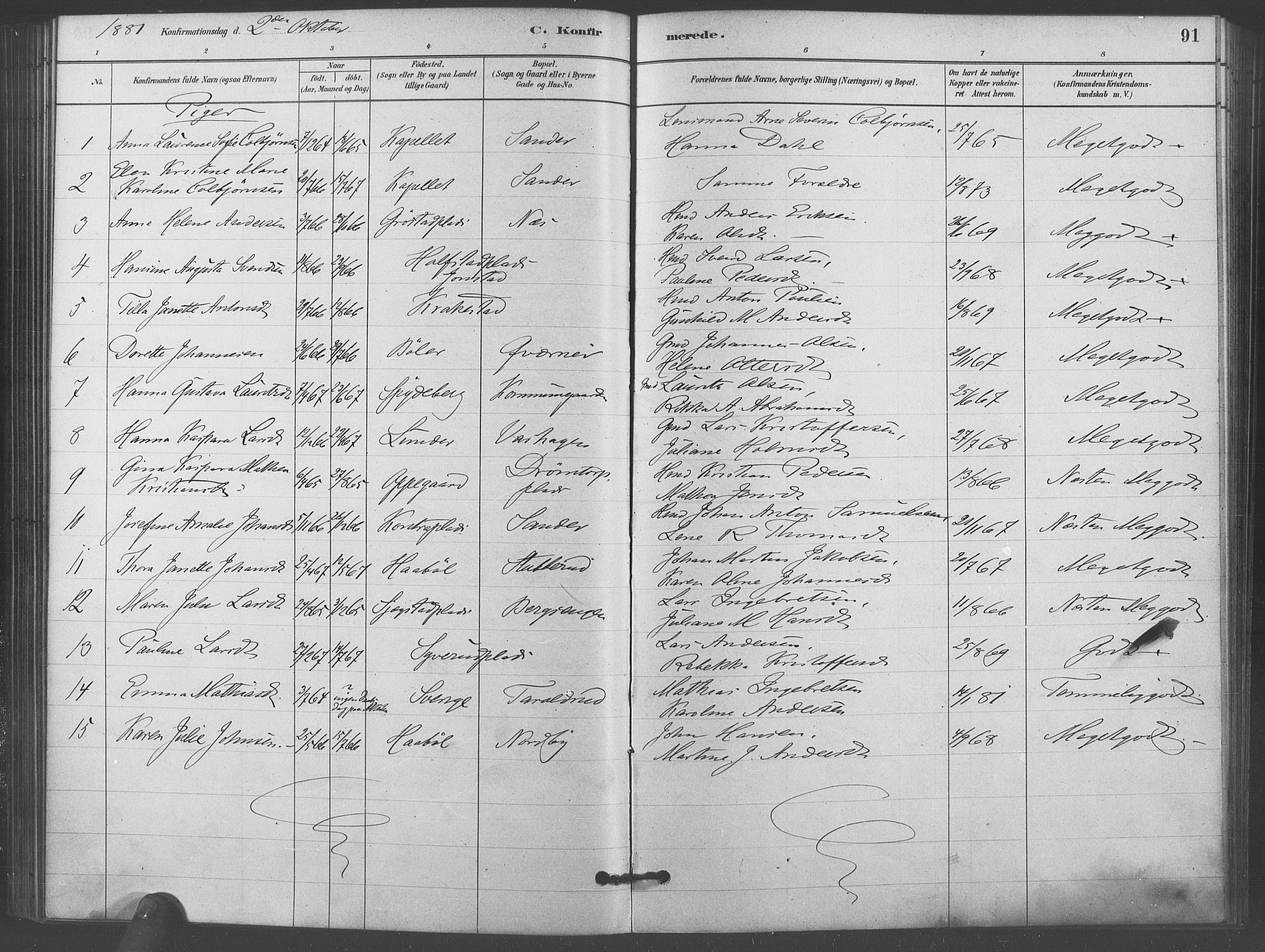 Kråkstad prestekontor Kirkebøker, SAO/A-10125a/F/Fb/L0001: Parish register (official) no. II 1, 1880-1892, p. 91