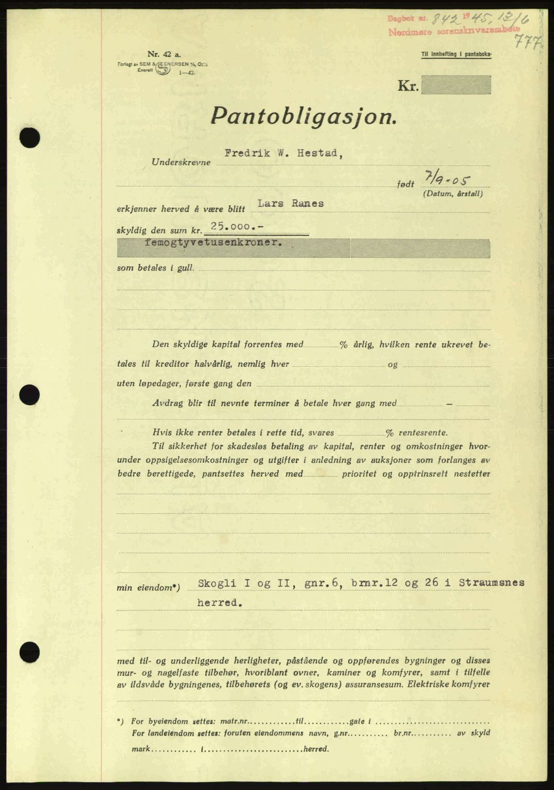 Nordmøre sorenskriveri, AV/SAT-A-4132/1/2/2Ca: Mortgage book no. B92, 1944-1945, Diary no: : 842/1945