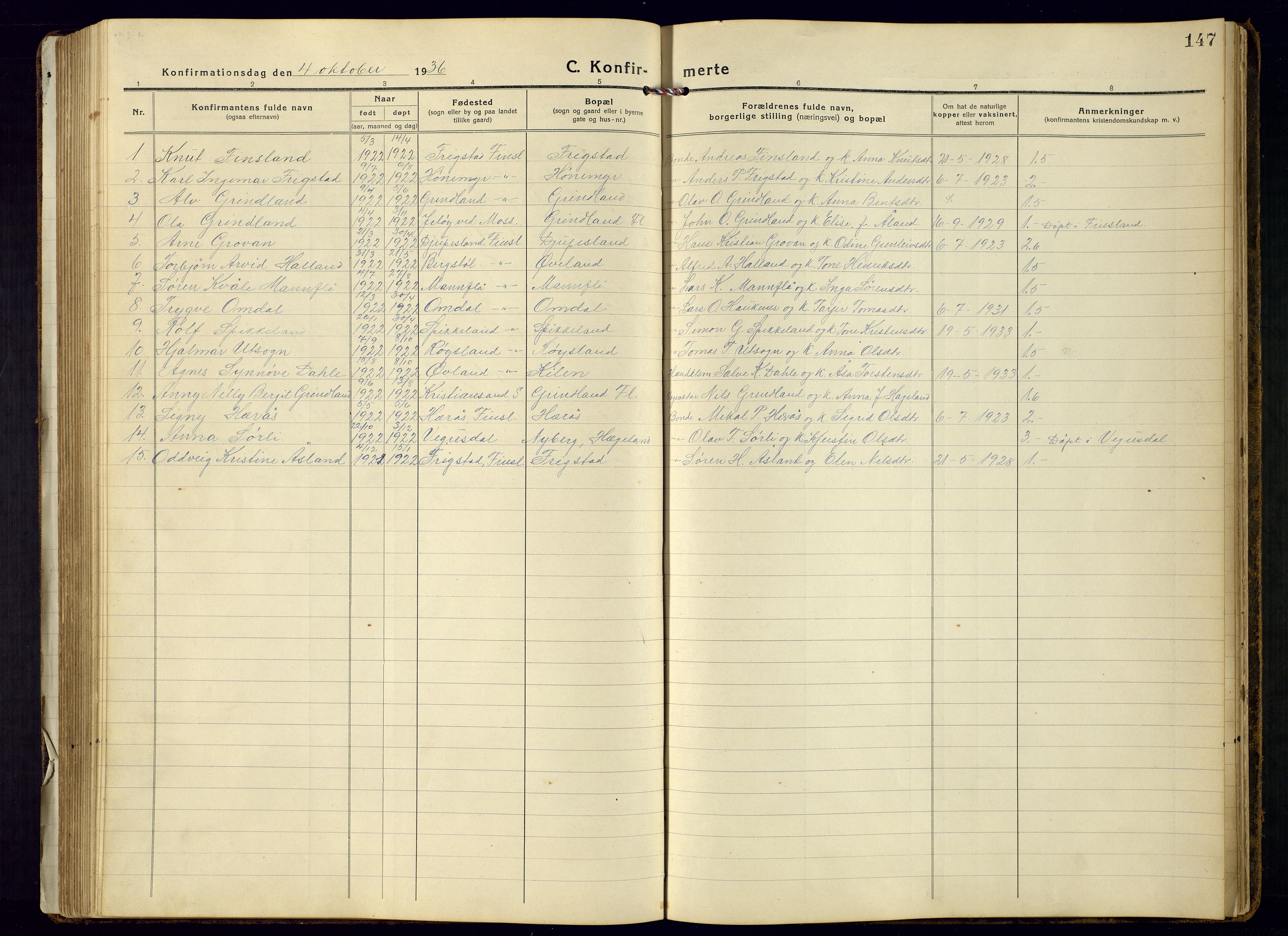 Bjelland sokneprestkontor, AV/SAK-1111-0005/F/Fb/Fbb/L0006: Parish register (copy) no. B-6, 1918-1946, p. 147