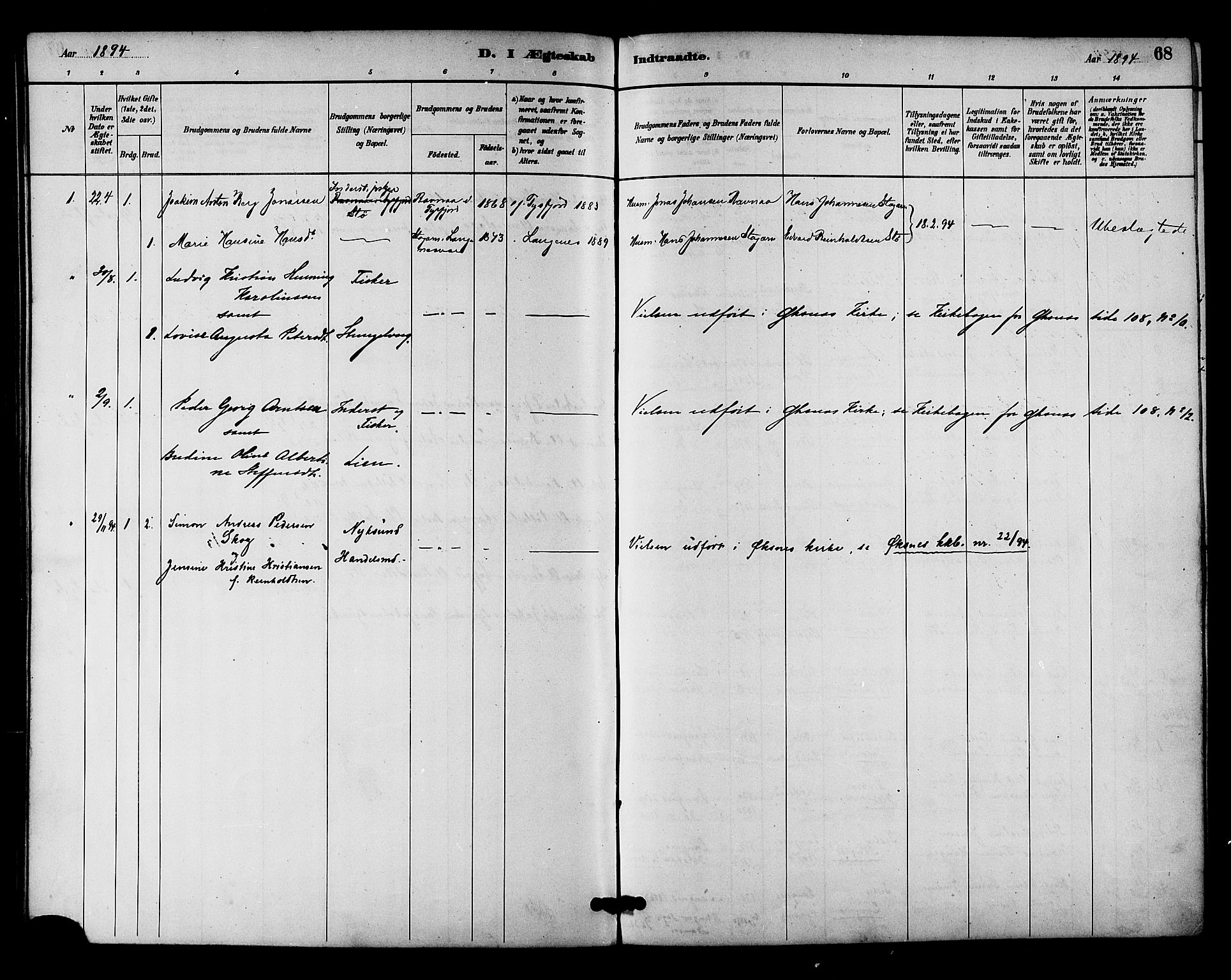 Ministerialprotokoller, klokkerbøker og fødselsregistre - Nordland, SAT/A-1459/894/L1355: Parish register (official) no. 894A01, 1885-1896, p. 68