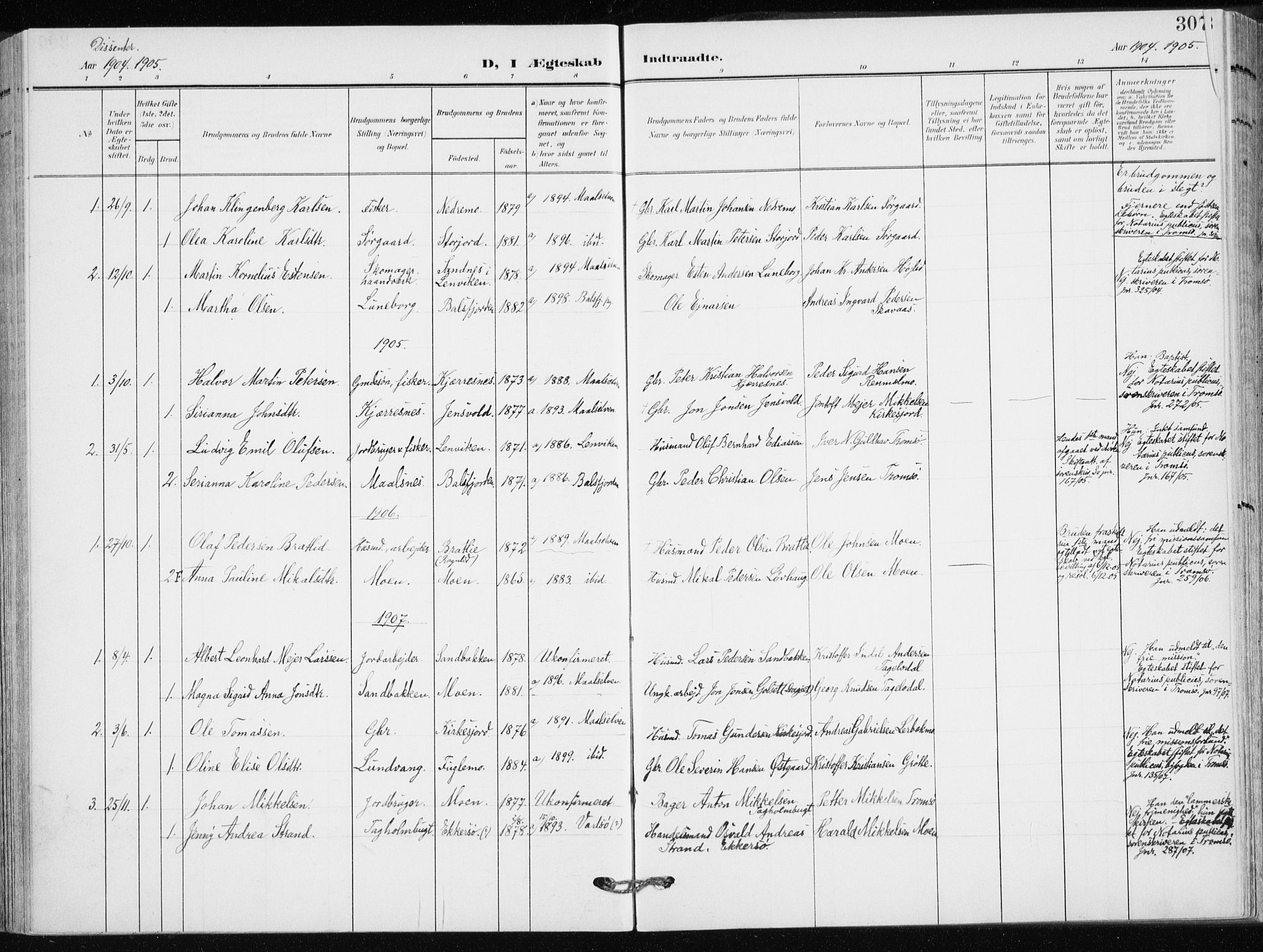 Målselv sokneprestembete, SATØ/S-1311/G/Ga/Gaa/L0011kirke: Parish register (official) no. 11, 1904-1918, p. 307