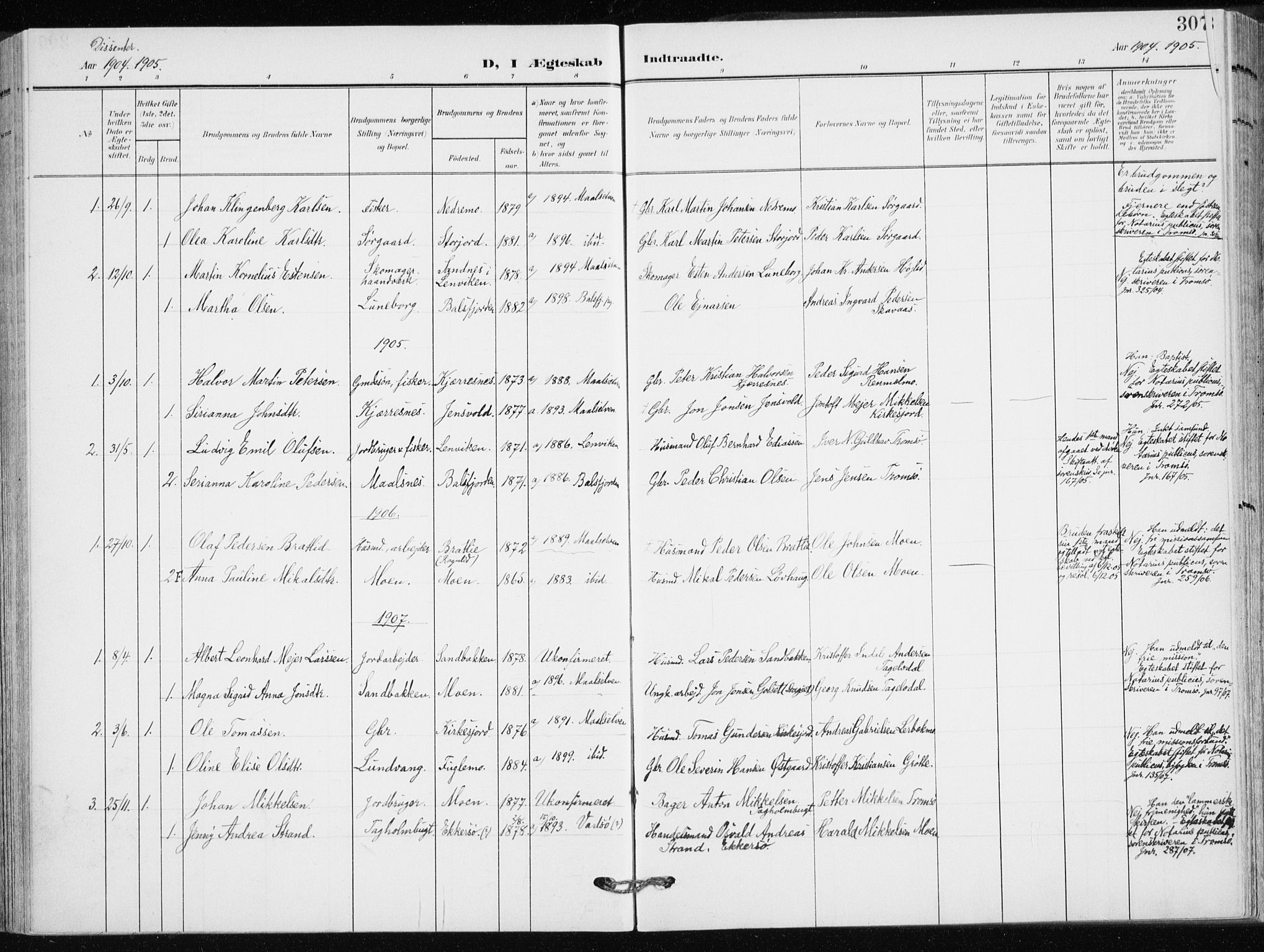 Målselv sokneprestembete, AV/SATØ-S-1311/G/Ga/Gaa/L0011kirke: Parish register (official) no. 11, 1904-1918, p. 307