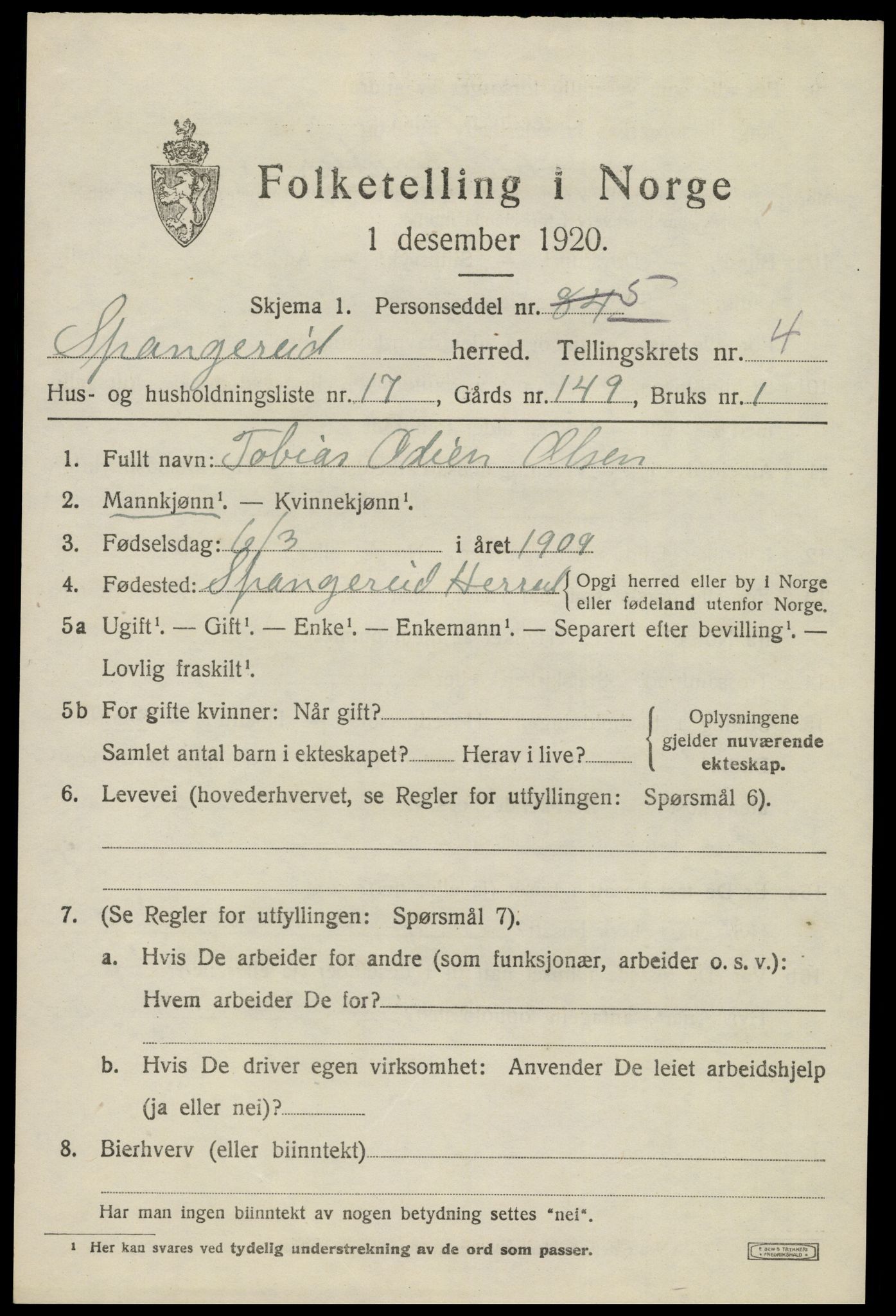 SAK, 1920 census for Spangereid, 1920, p. 1685