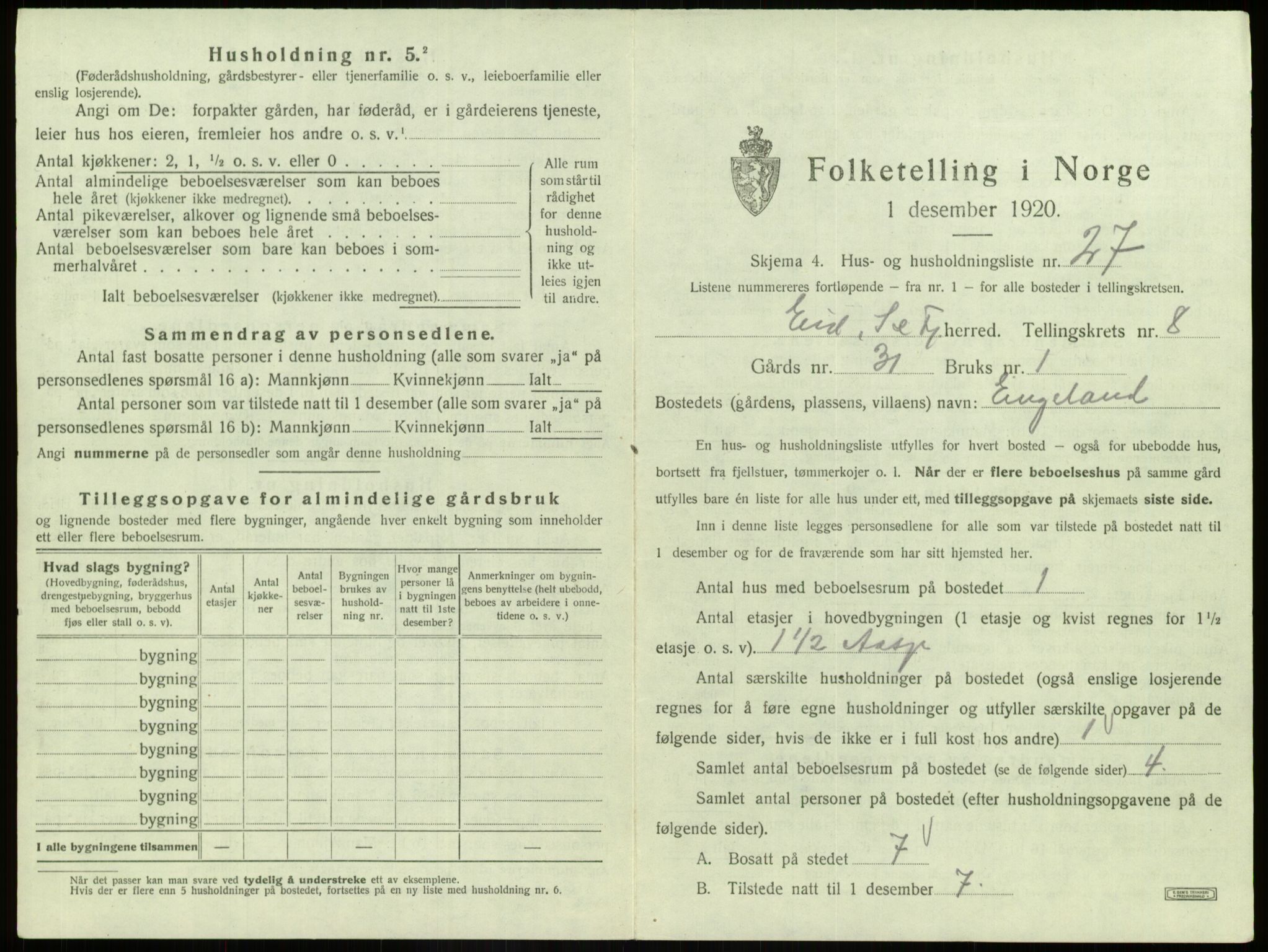 SAB, 1920 census for Eid, 1920, p. 520