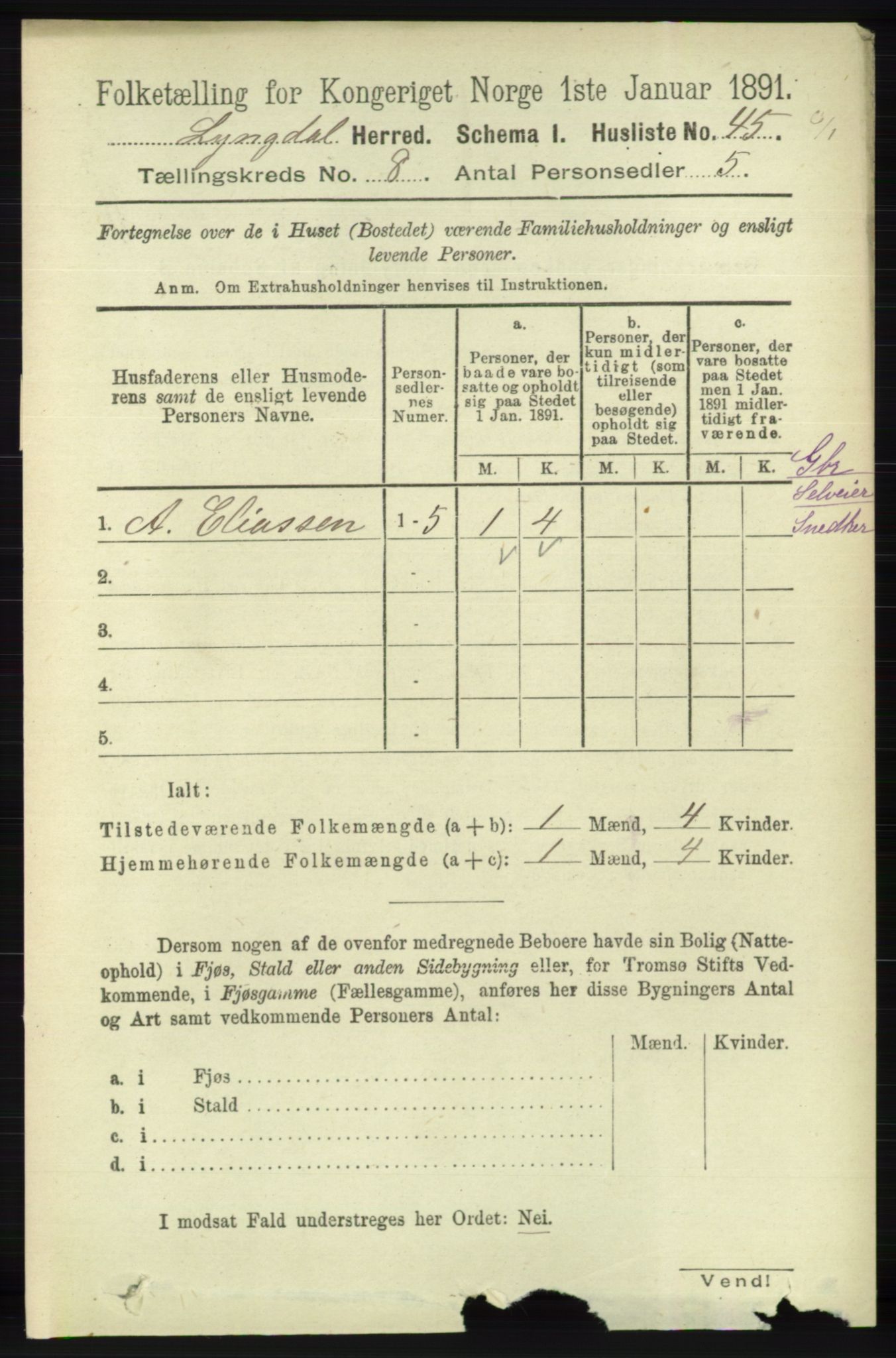 RA, 1891 census for 1032 Lyngdal, 1891, p. 3373