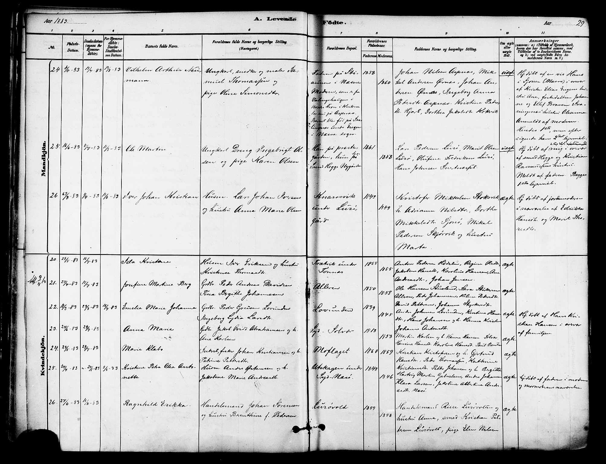 Ministerialprotokoller, klokkerbøker og fødselsregistre - Nordland, SAT/A-1459/839/L0568: Parish register (official) no. 839A05, 1880-1902, p. 29