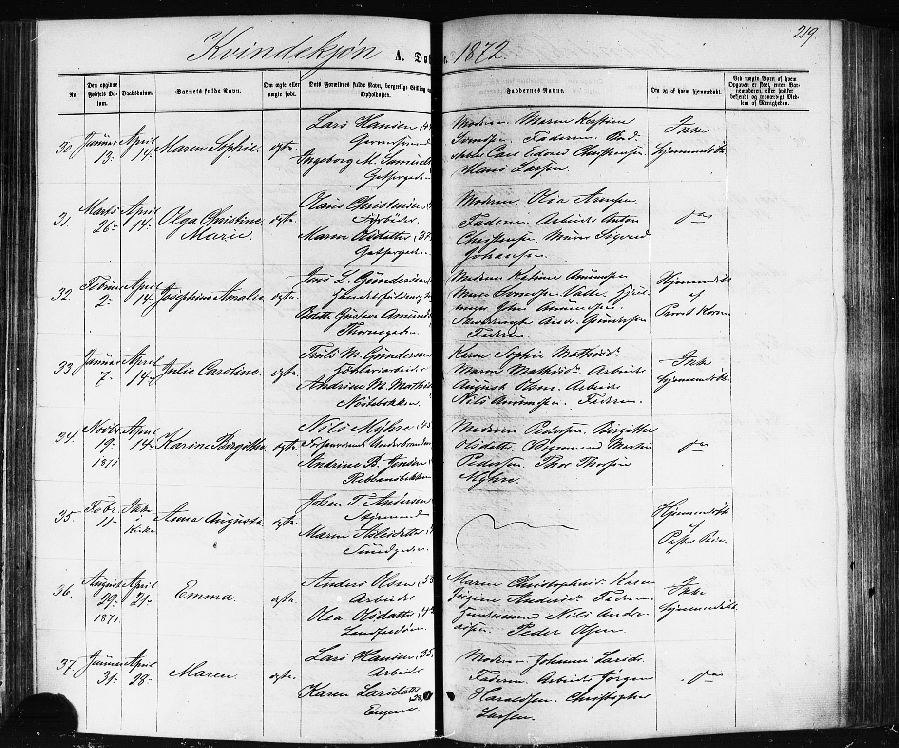 Bragernes kirkebøker, SAKO/A-6/F/Fb/L0004: Parish register (official) no. II 4, 1869-1875, p. 219