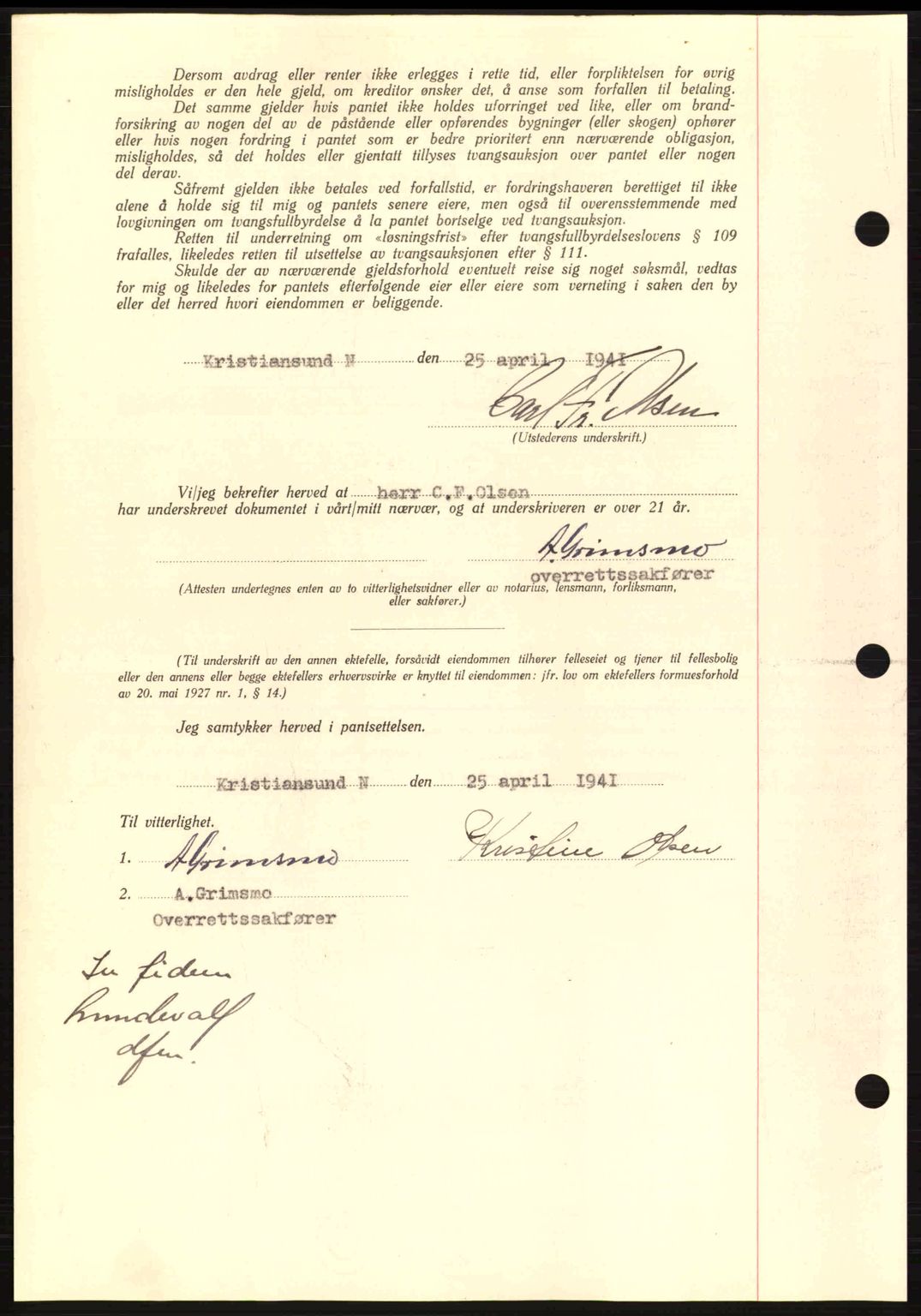 Kristiansund byfogd, AV/SAT-A-4587/A/27: Mortgage book no. 33, 1939-1941, Diary no: : 297/1941