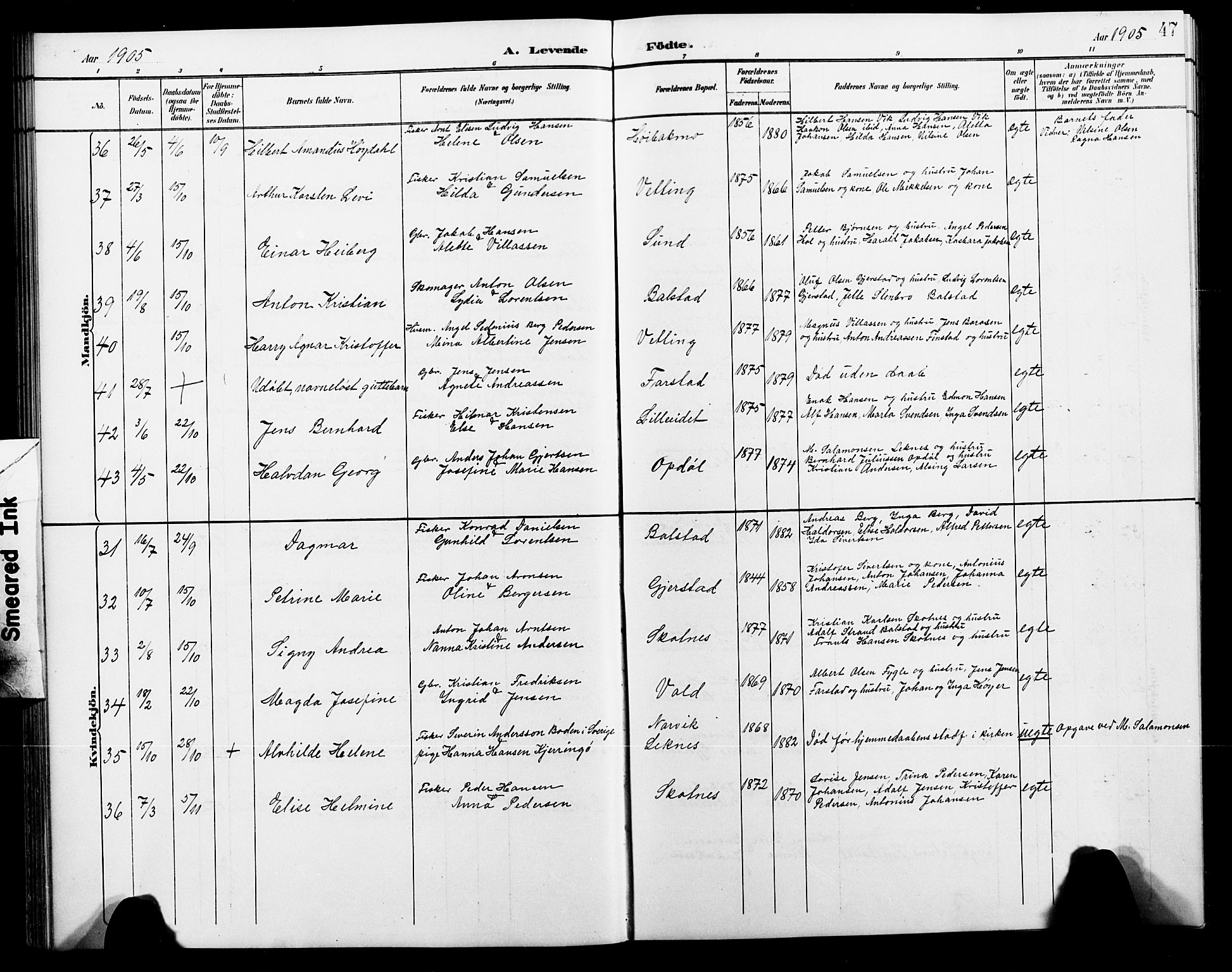 Ministerialprotokoller, klokkerbøker og fødselsregistre - Nordland, AV/SAT-A-1459/881/L1168: Parish register (copy) no. 881C05, 1900-1911, p. 47