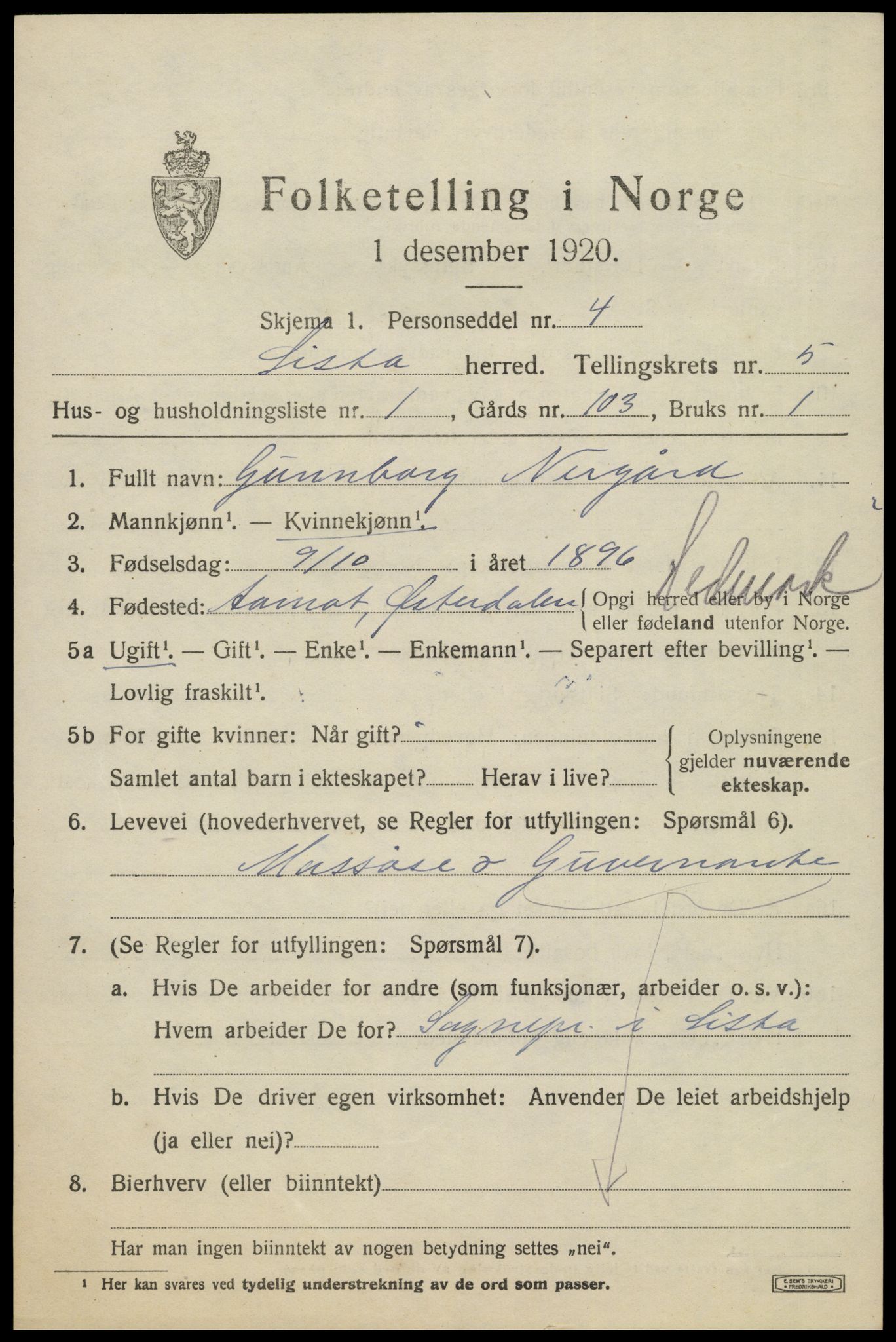 SAK, 1920 census for Lista, 1920, p. 5511